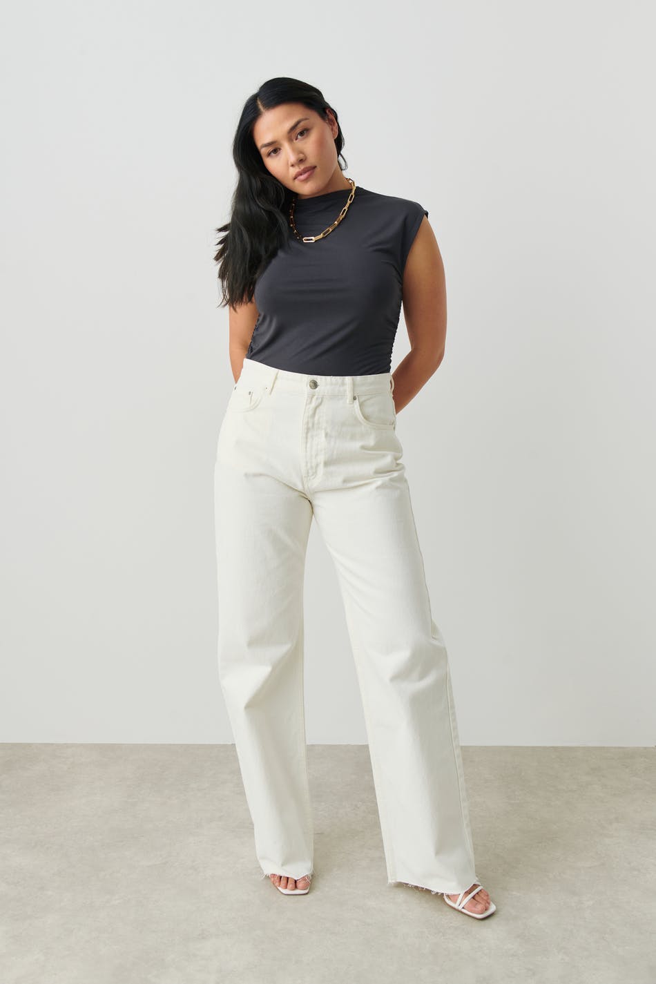 Soft touch funnel neck top