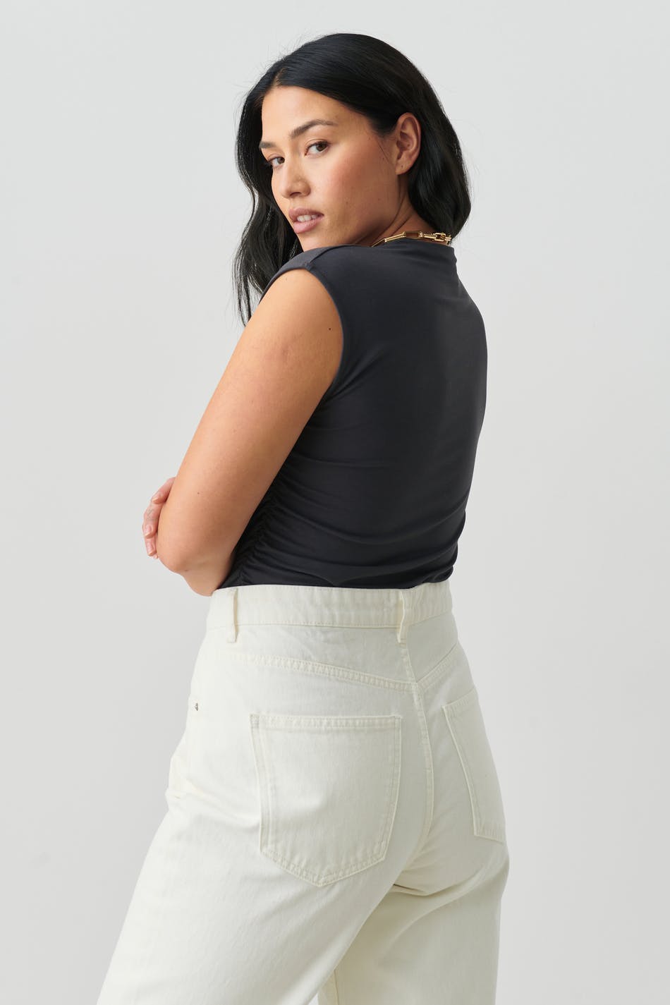 Soft touch funnel neck top