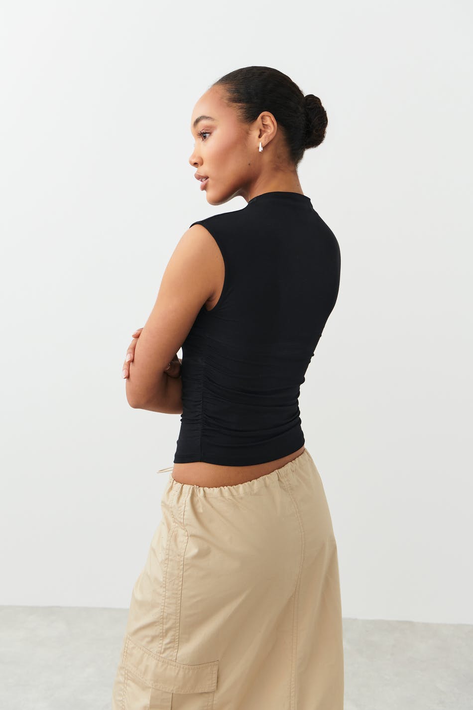 Soft touch funnel neck top