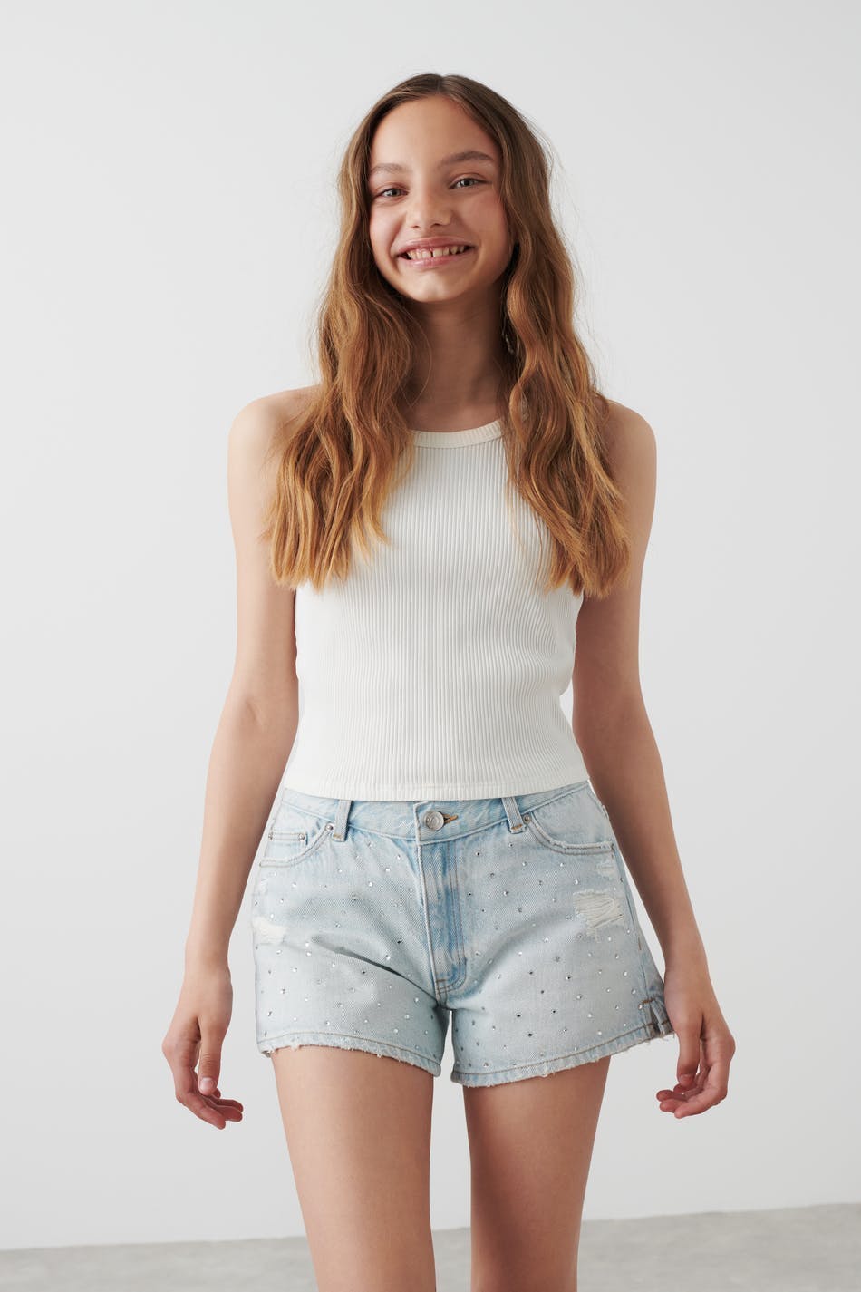 Y rhinestone denim shorts