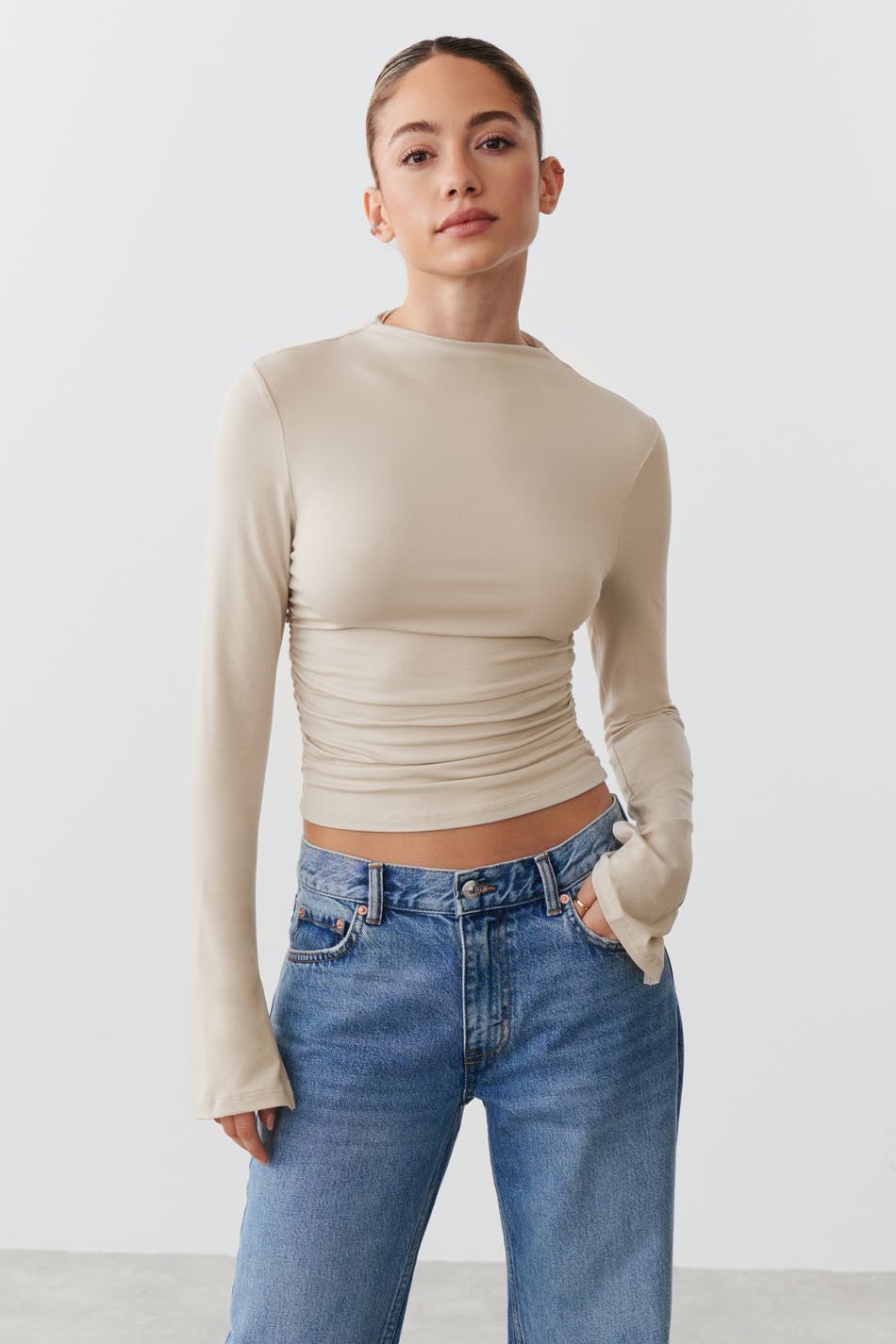 Soft touch funnel neck ls top