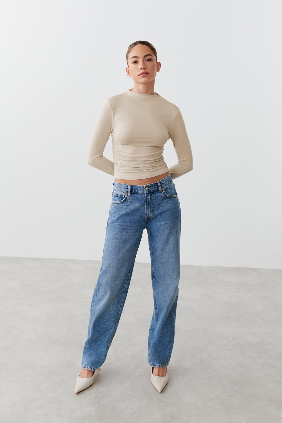 Soft touch funnel neck ls top