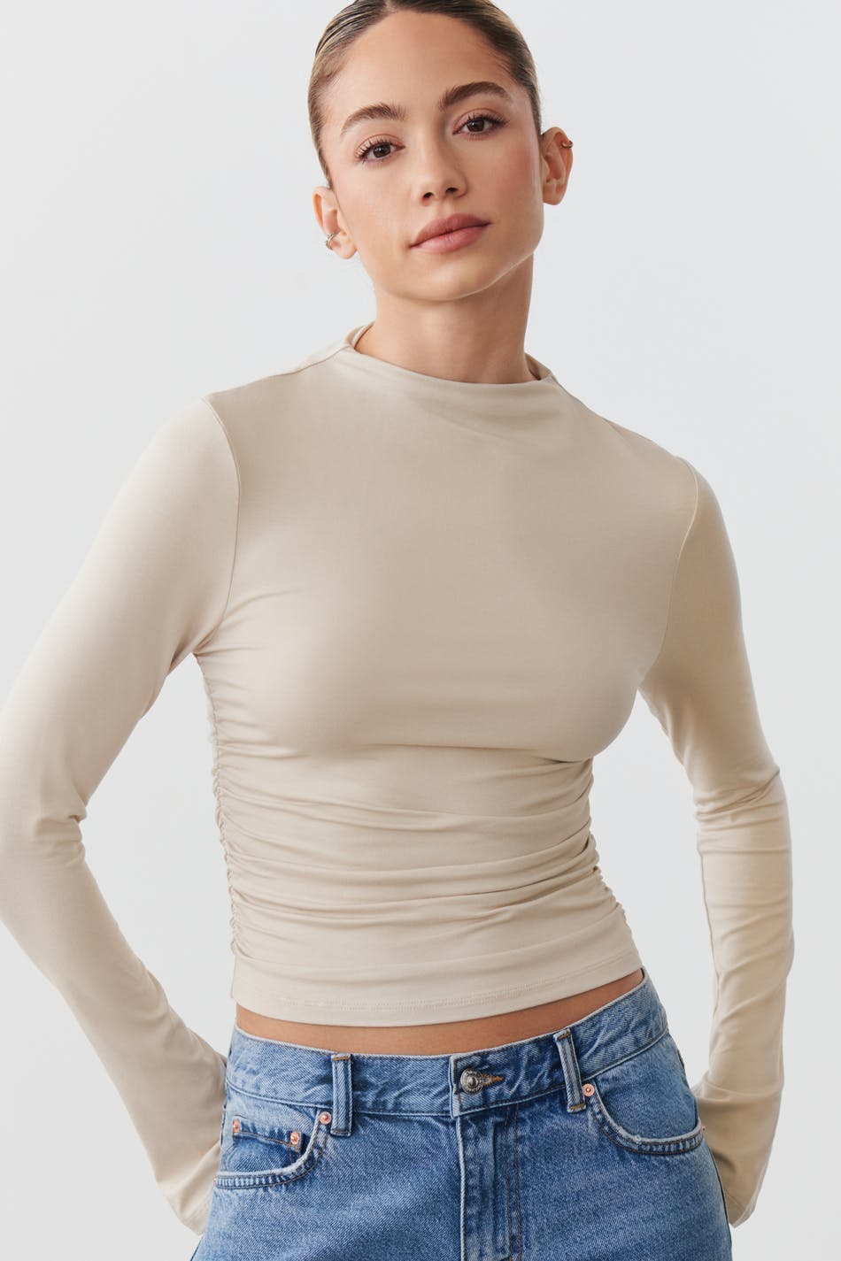 Soft touch funnel neck ls top