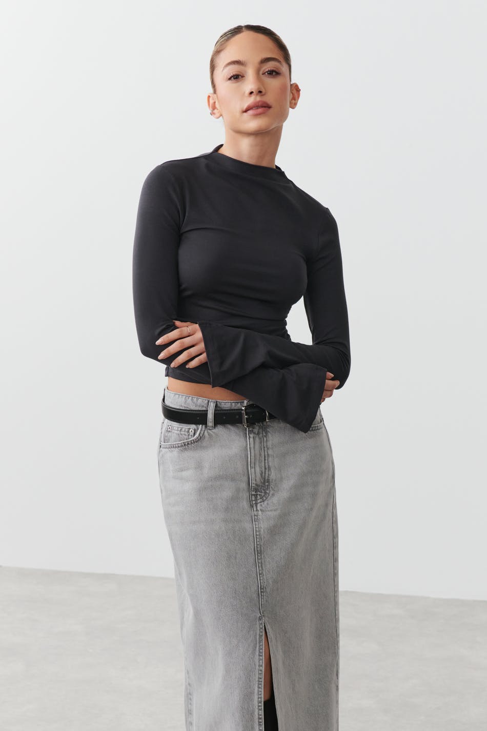 Soft touch funnel neck ls top