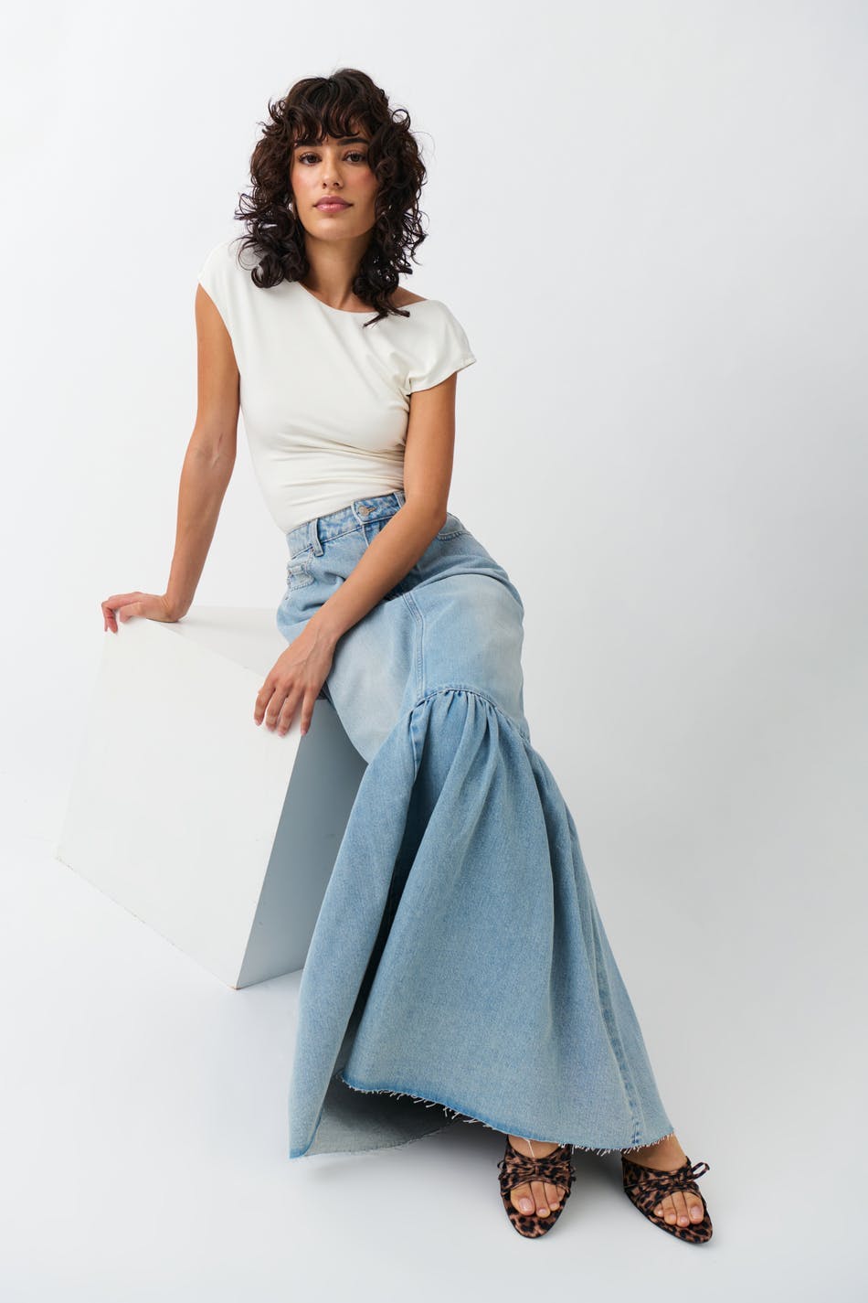 Flouncy long denim skirt
