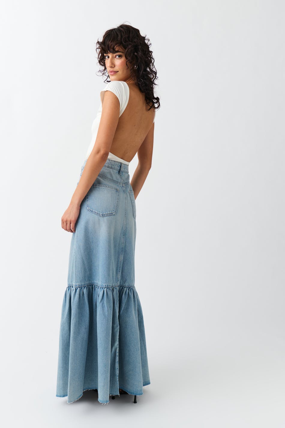 Flouncy long denim skirt