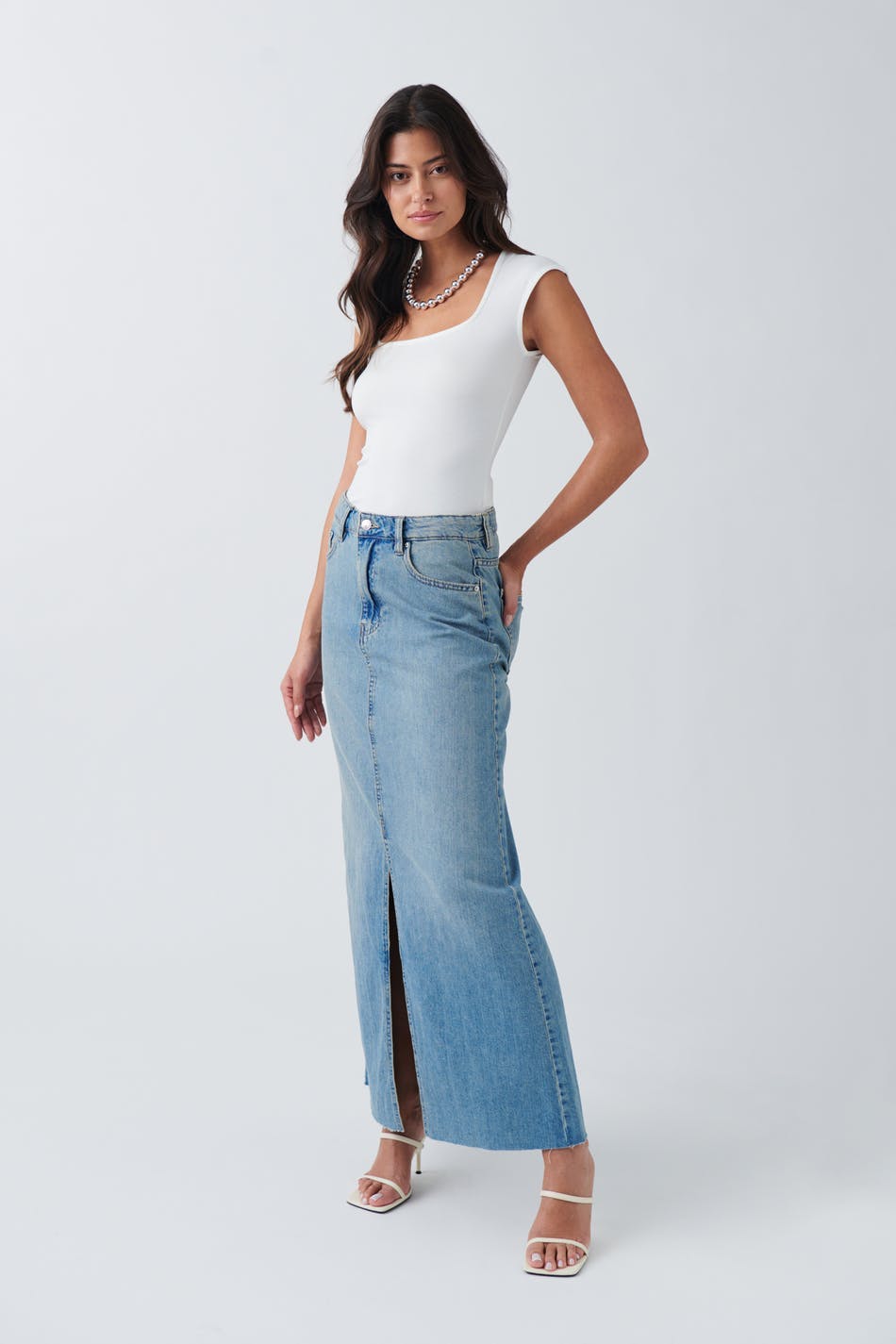 Double slit denim skirt