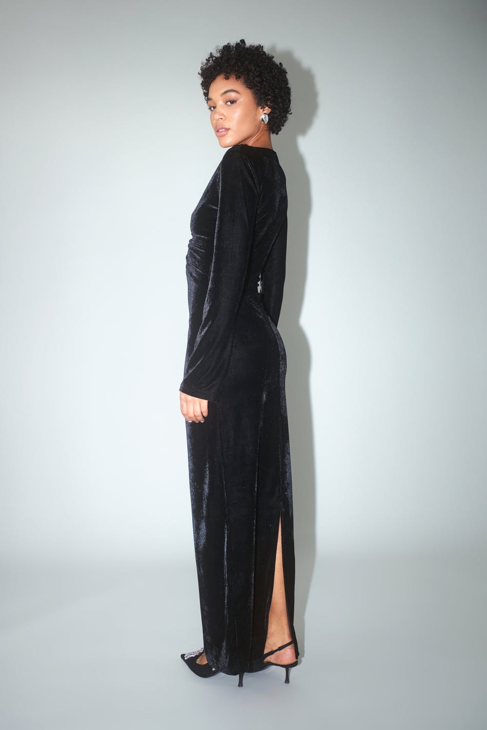 Ruched velvet maxi dress