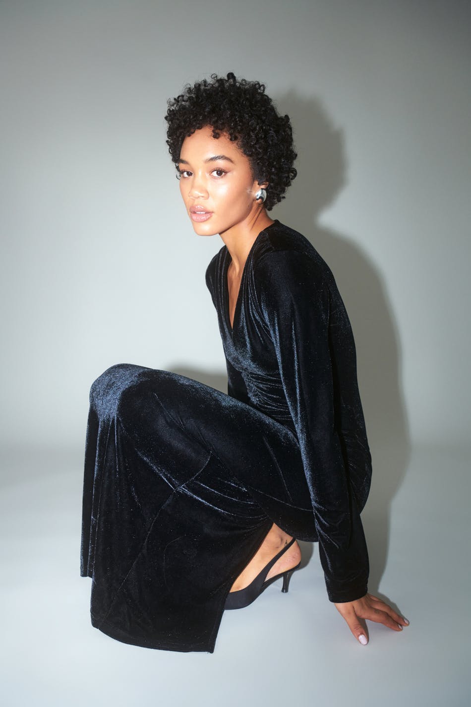 Ruched velvet maxi dress