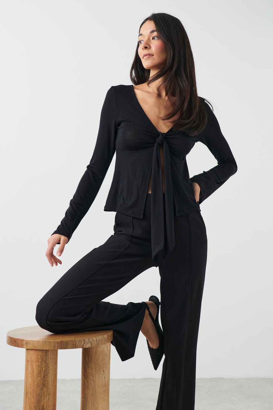 Tie front long sleeve top