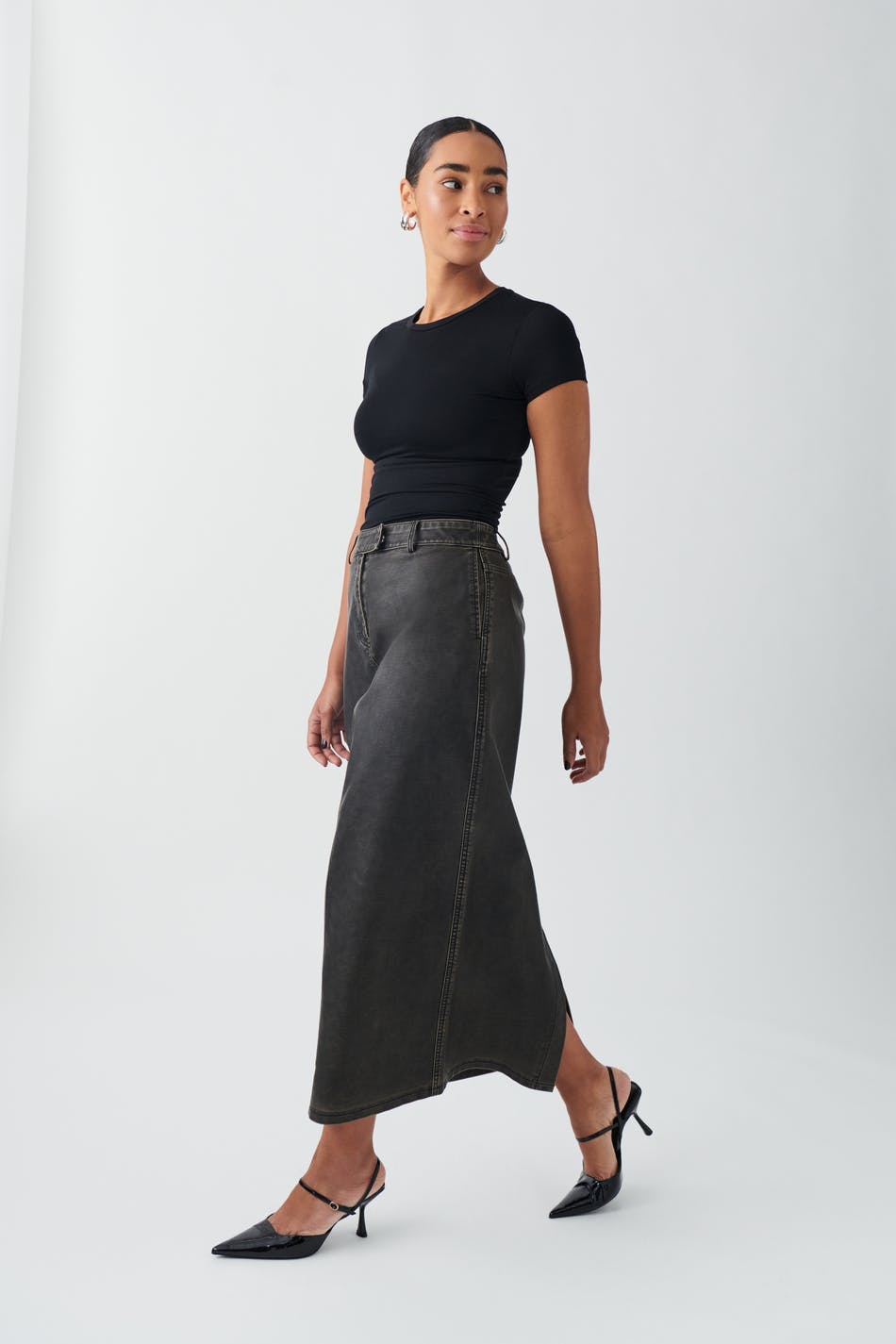 Washed maxi pu skirt