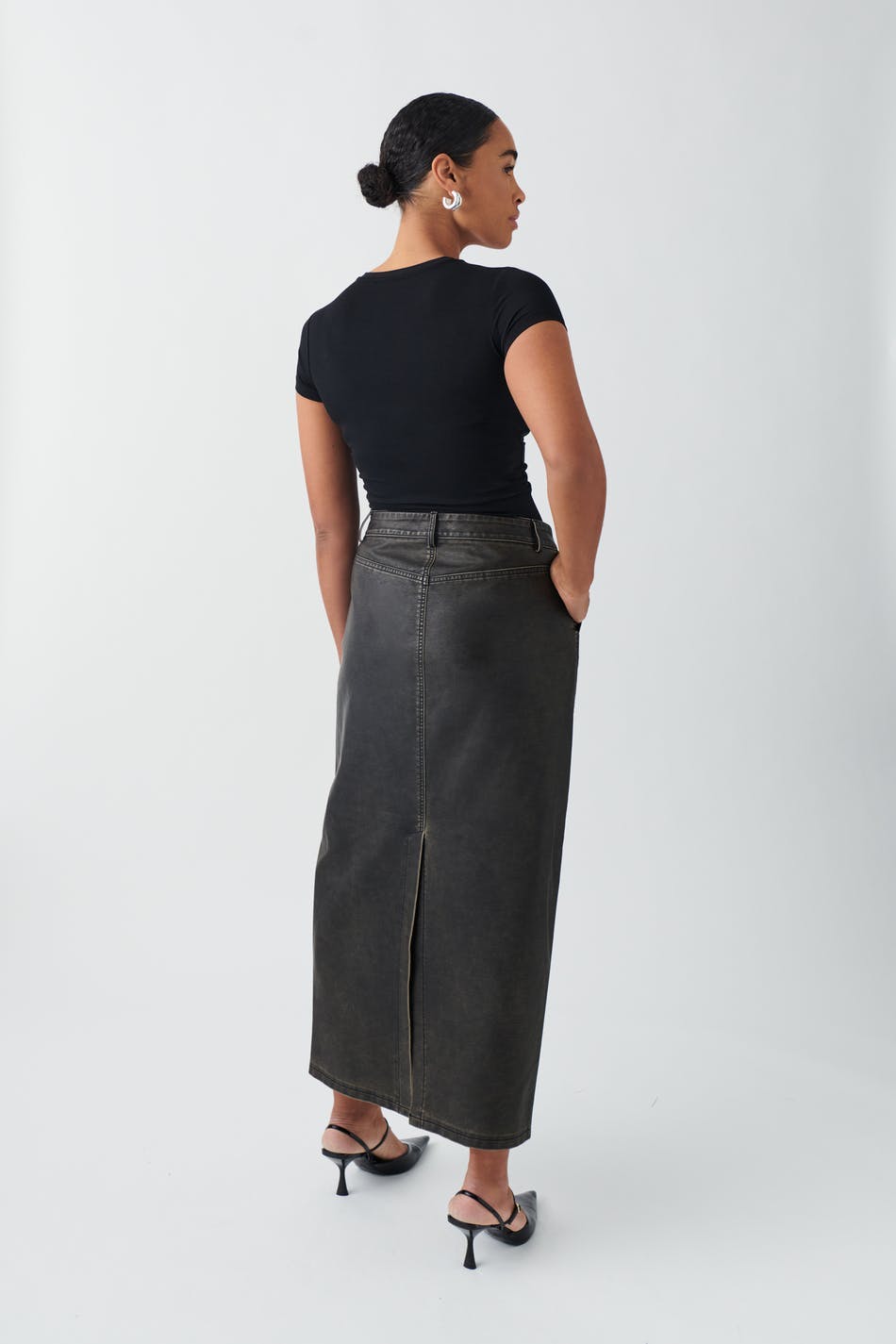 Washed maxi pu skirt