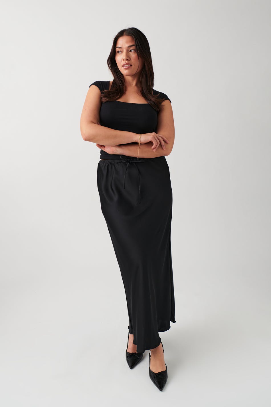 Satin midi drawstring skirt