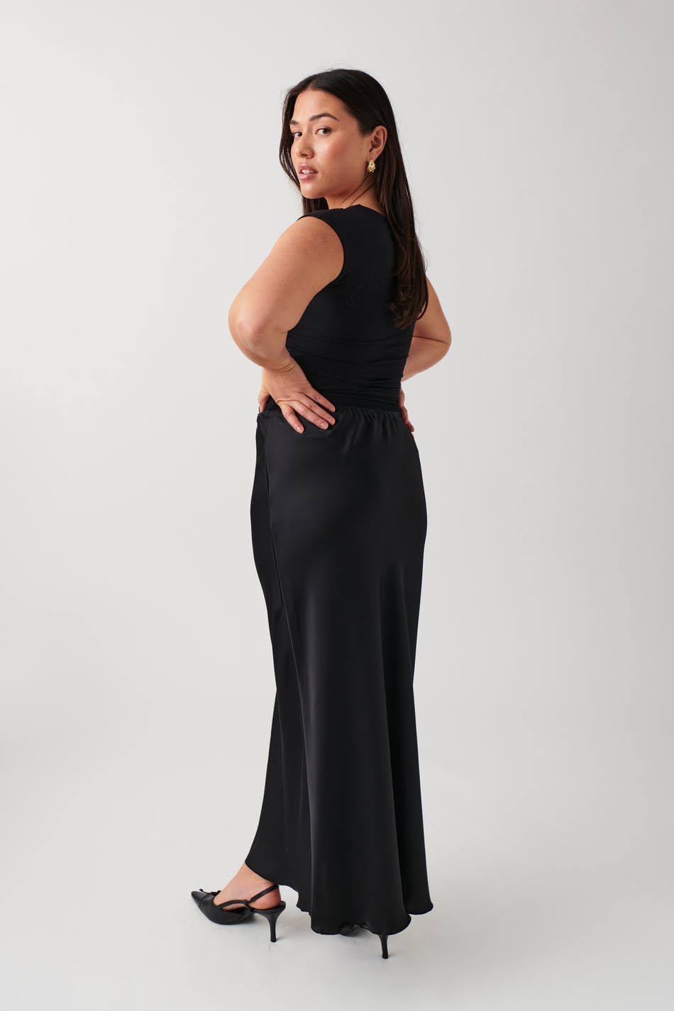 Satin midi drawstring skirt