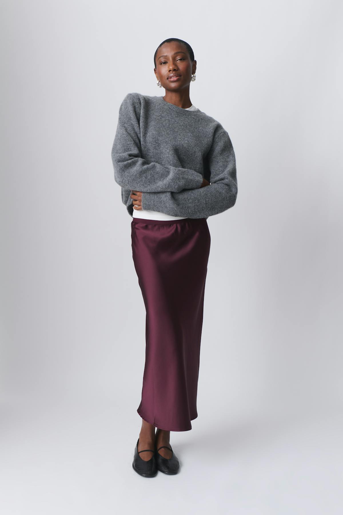 elastic satin midi skirt