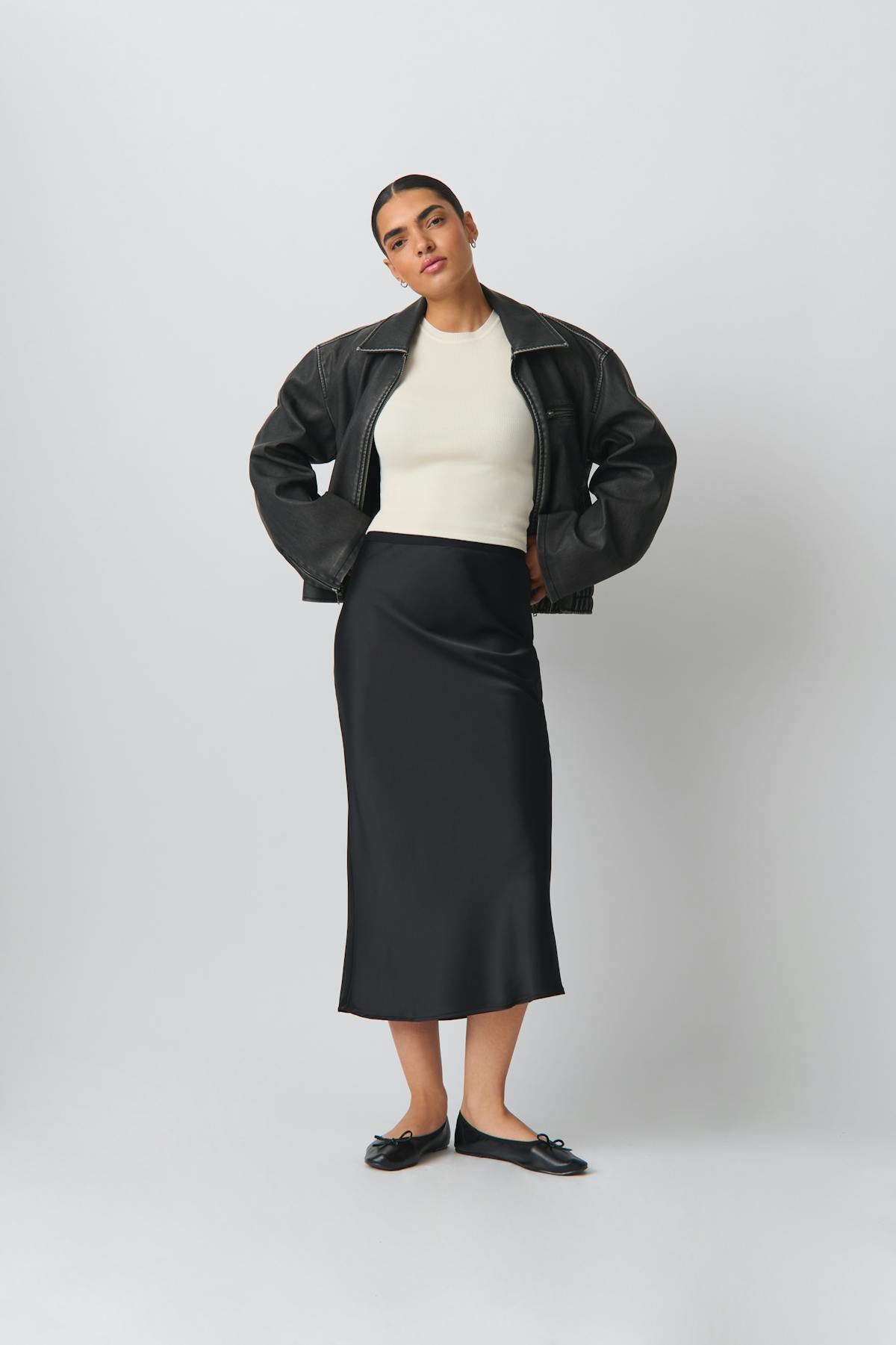 elastic satin midi skirt