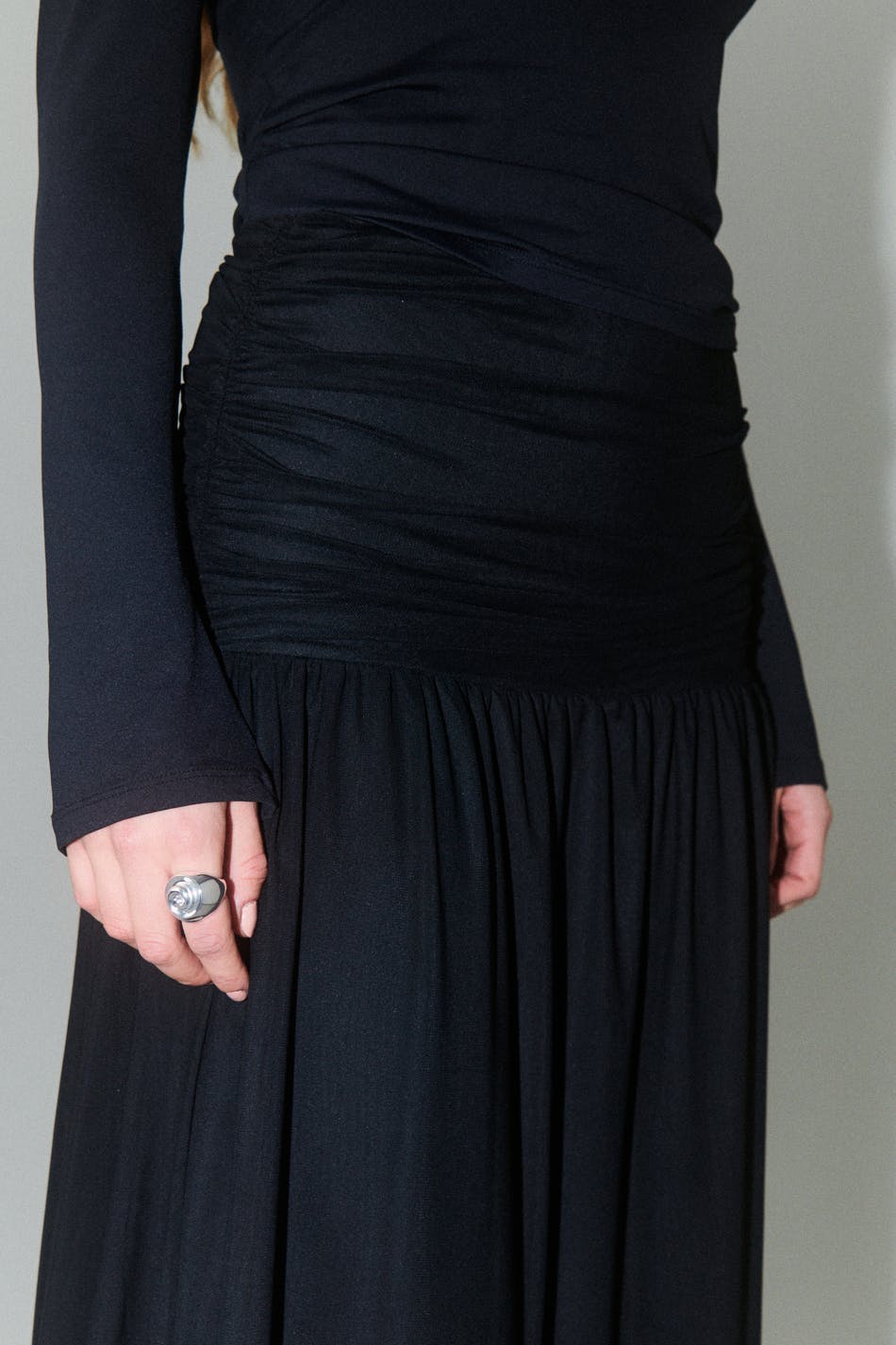Ruched mesh maxi skirt