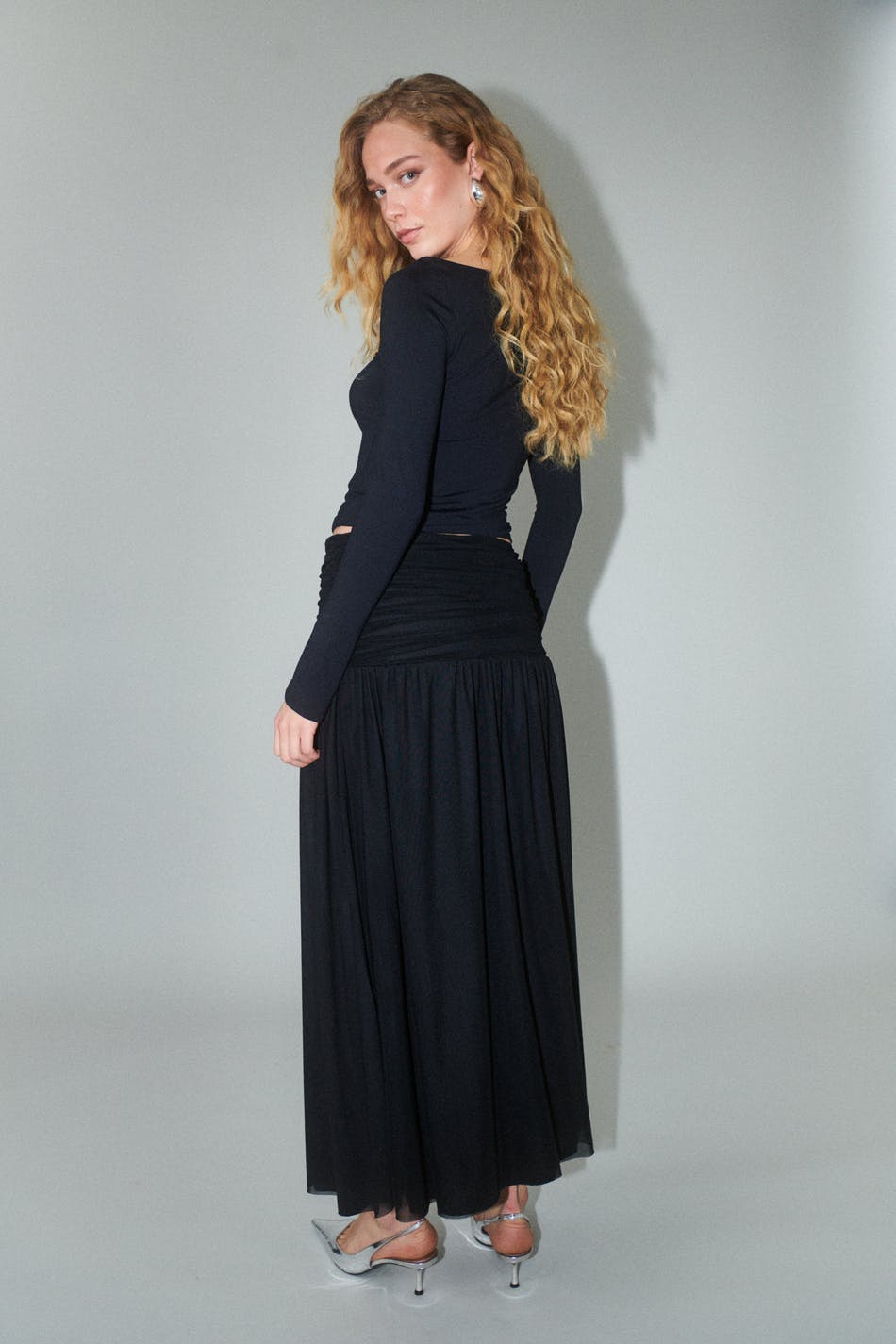 Ruched mesh maxi skirt
