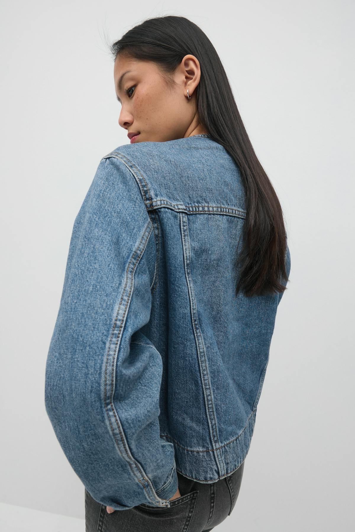 Collarless denim jacket