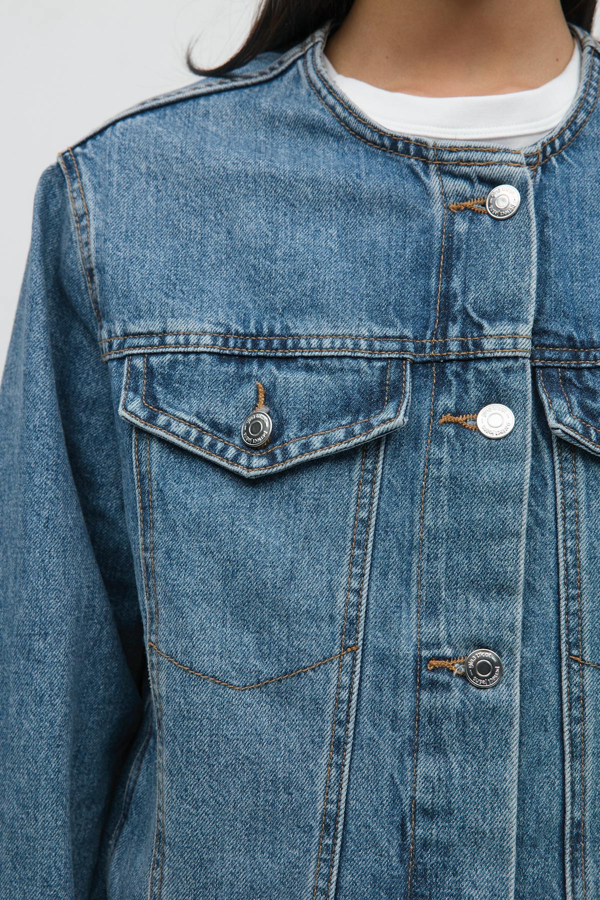 Collarless denim jacket