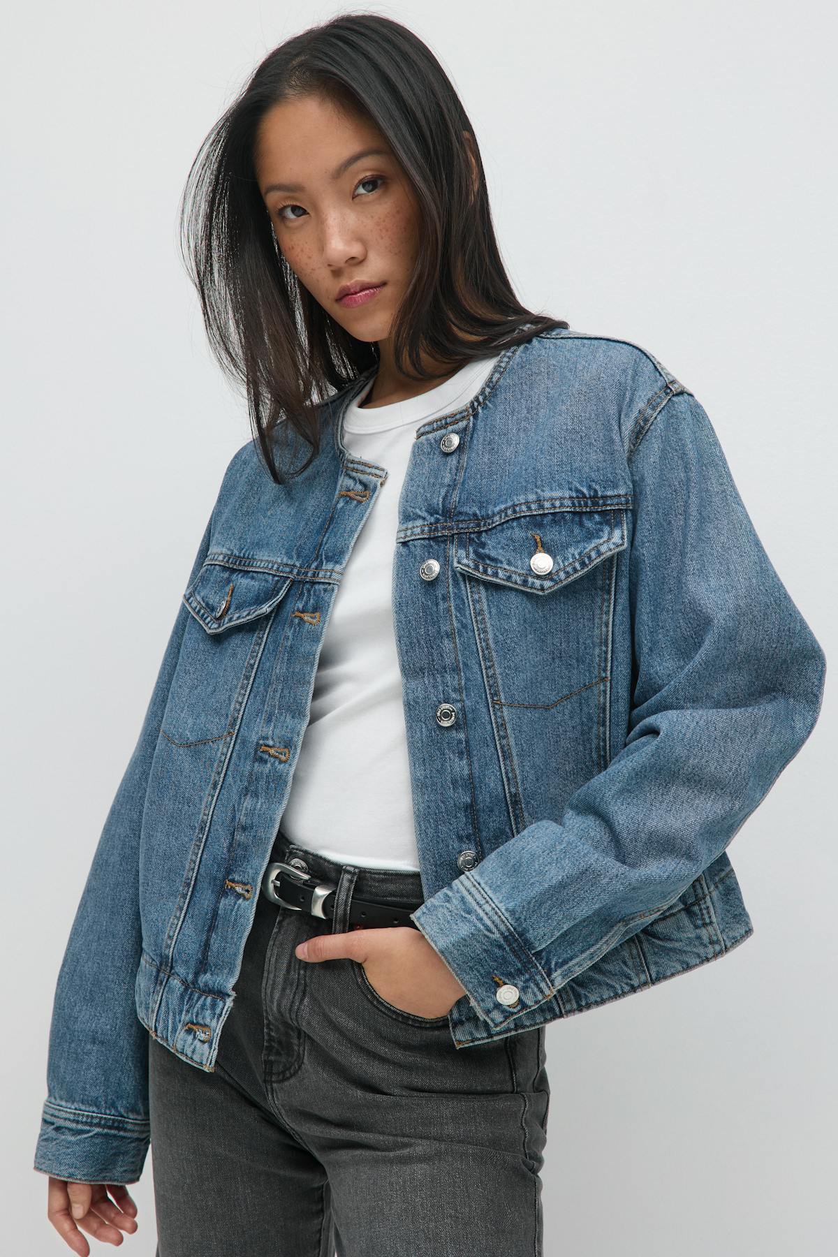 Collarless denim jacket