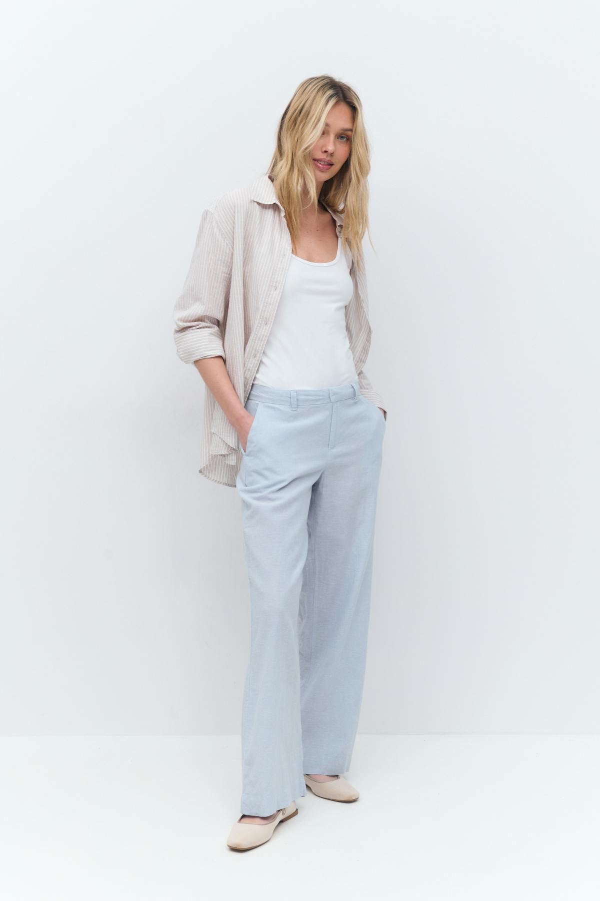 Wide linen blend trousers