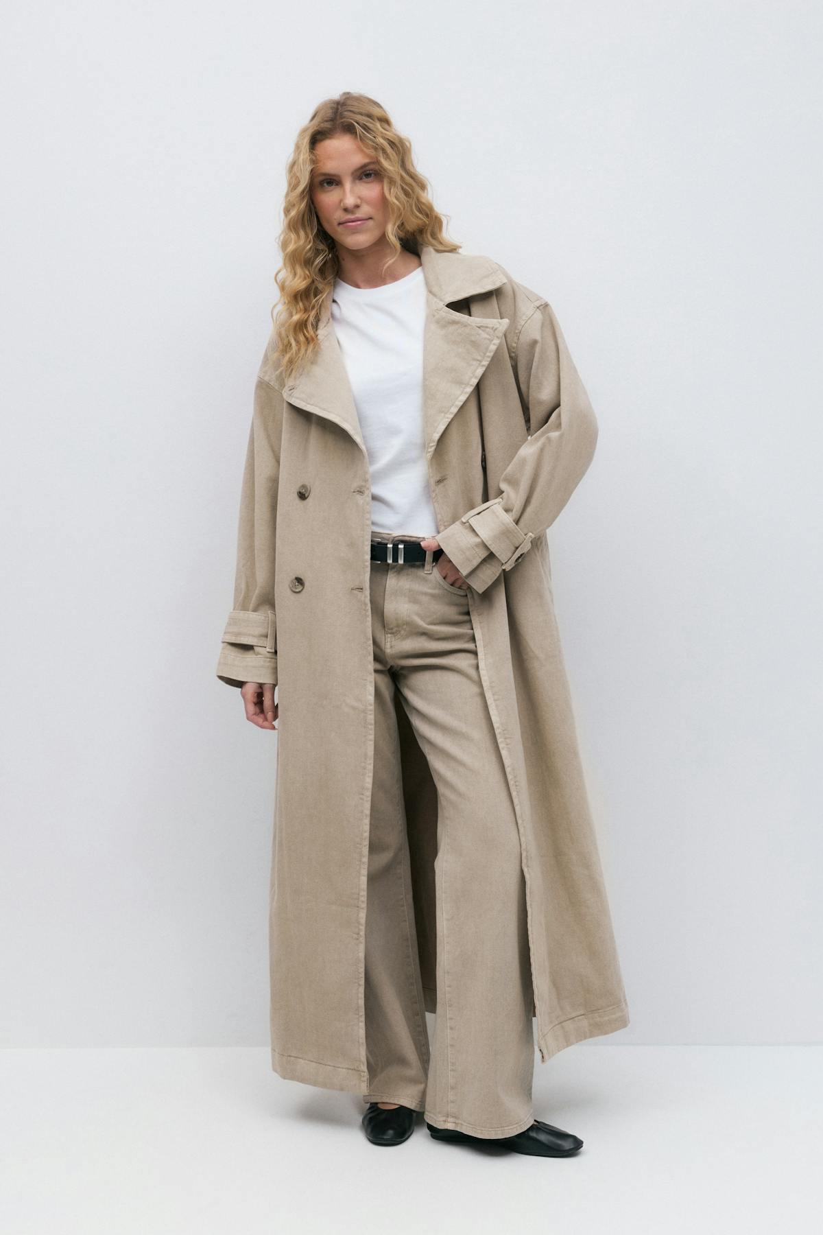 Long denim trench