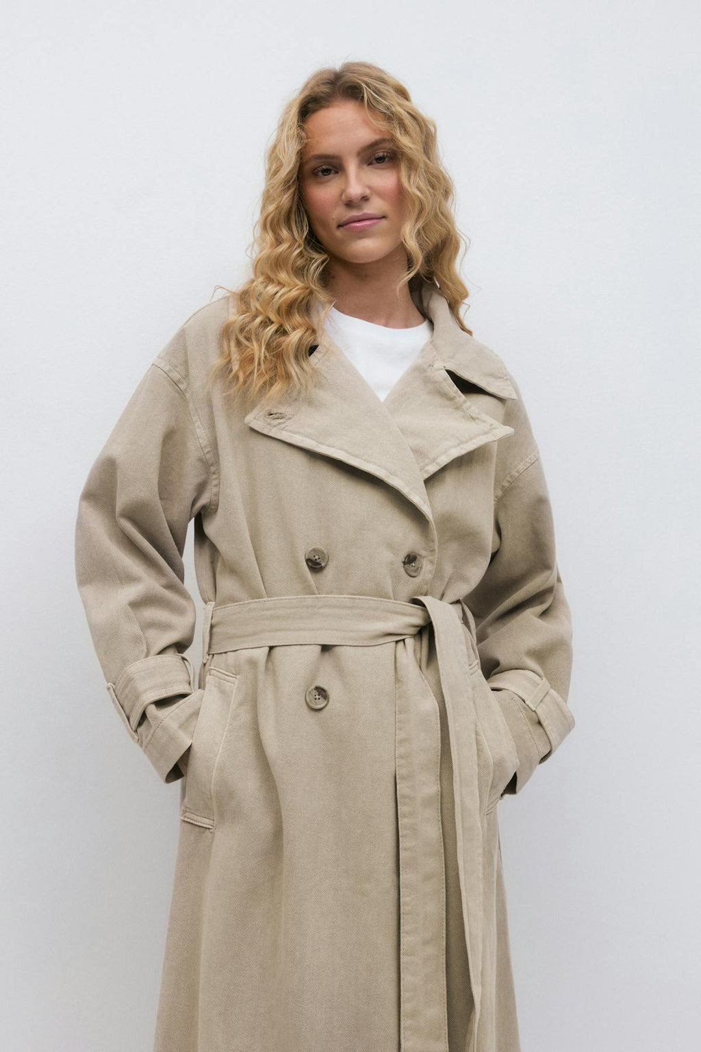 Long denim trench