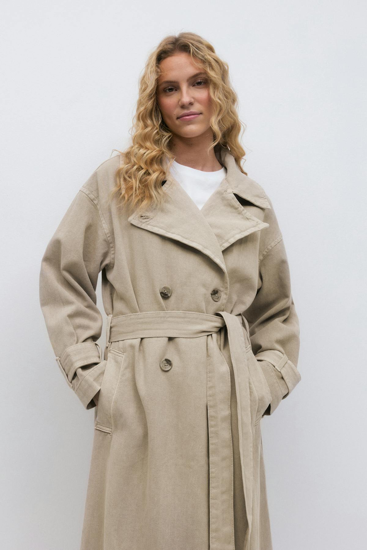 Long denim trench