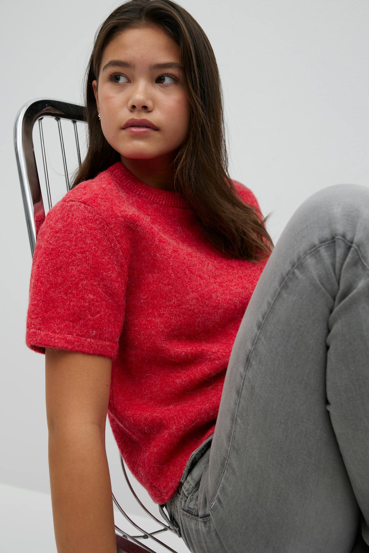Y knitted short sleeve top