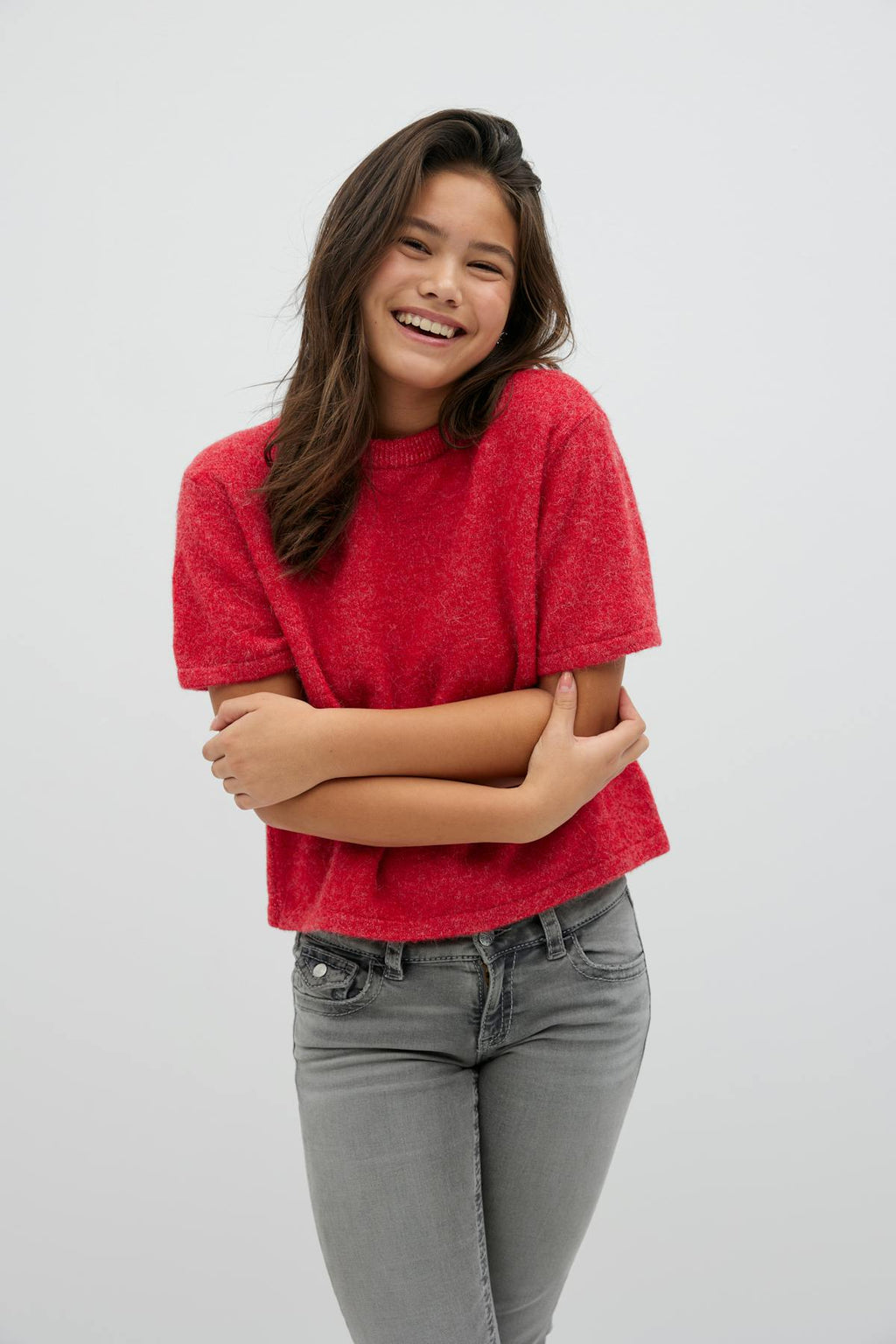 Y knitted short sleeve top