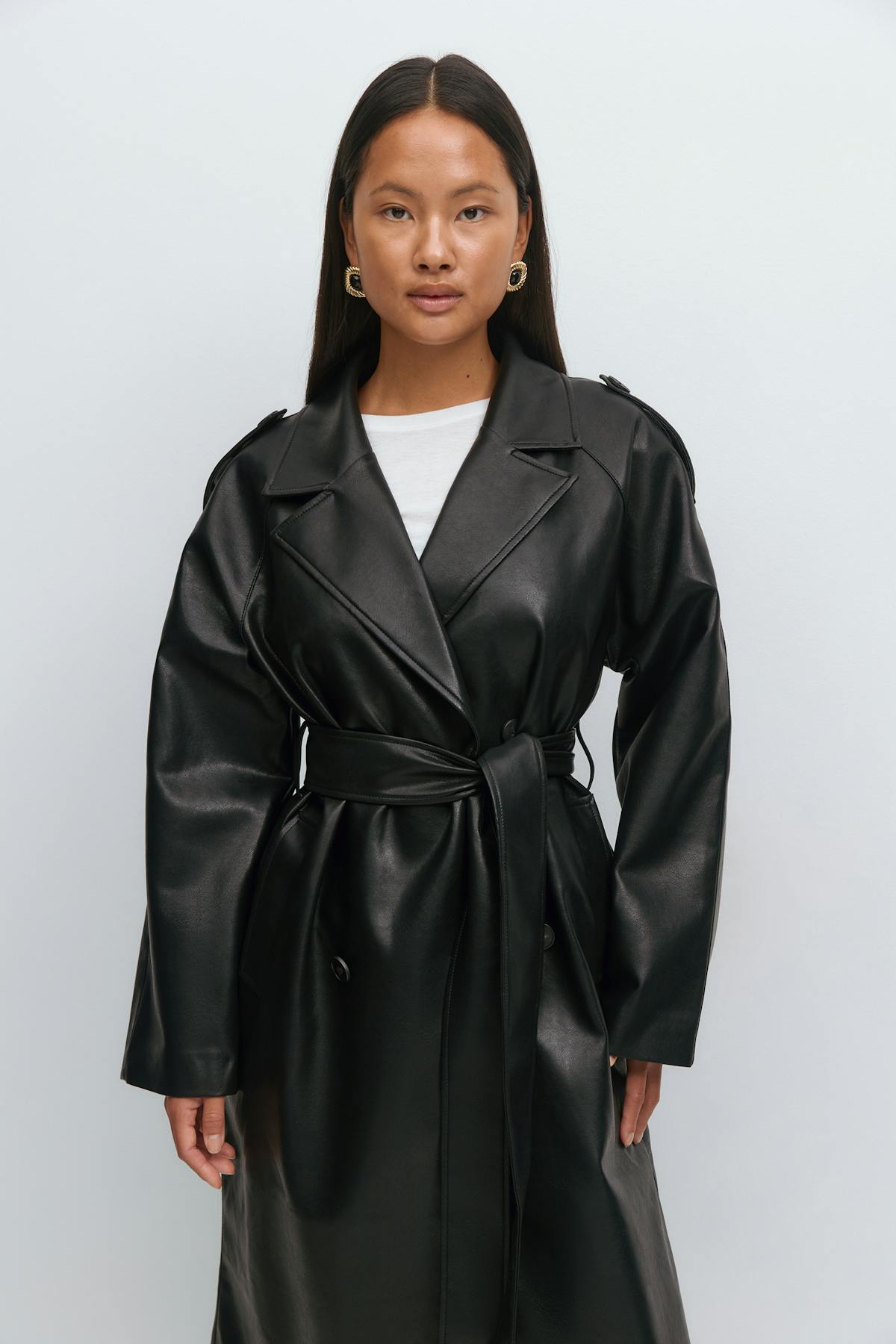 Belted pu trench coat