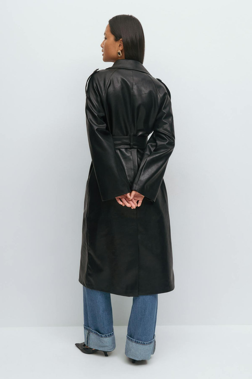 Belted pu trench coat