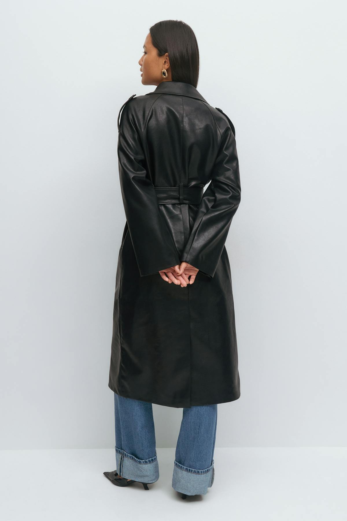 Belted pu trench coat