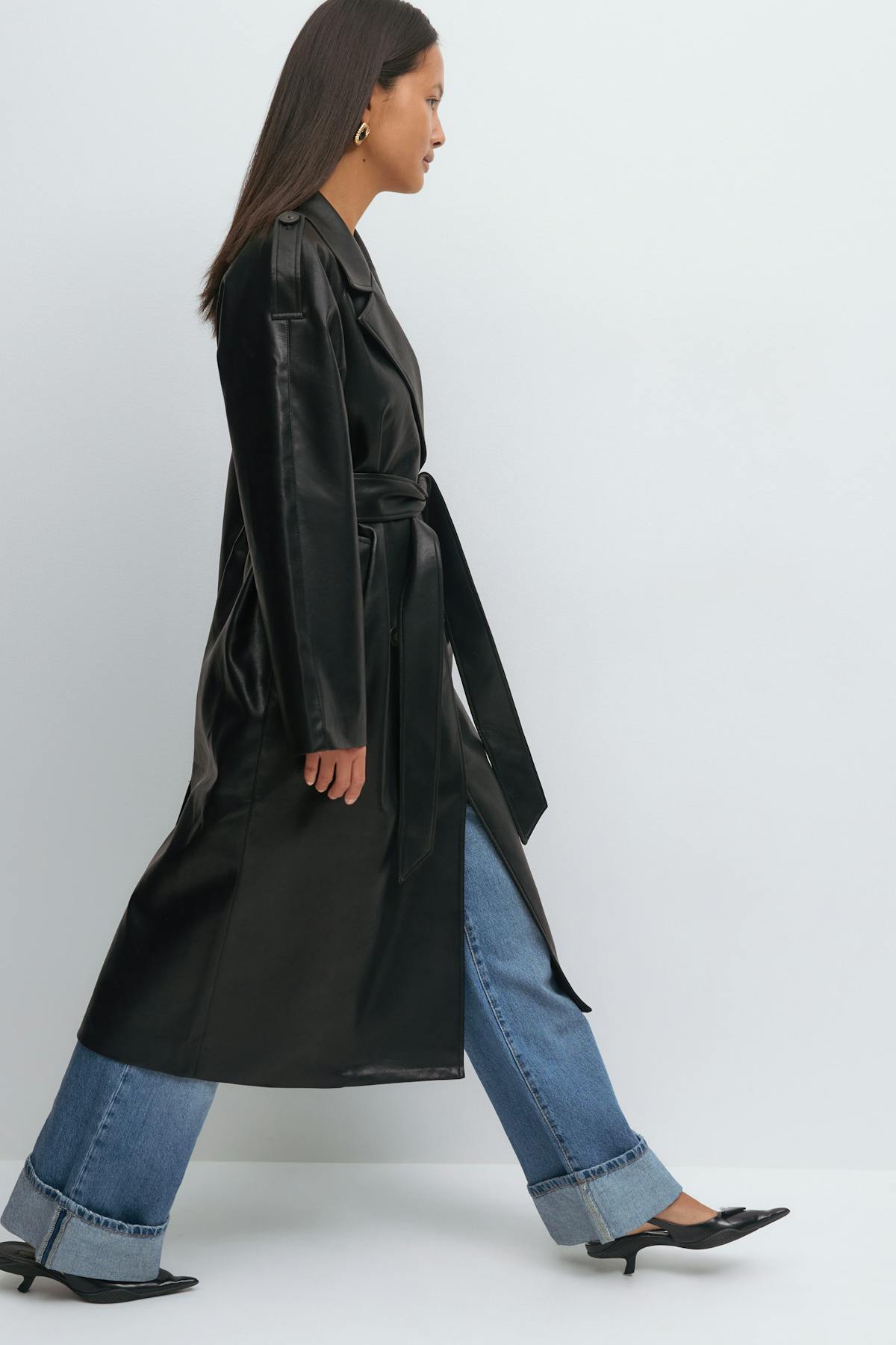 Belted pu trench coat