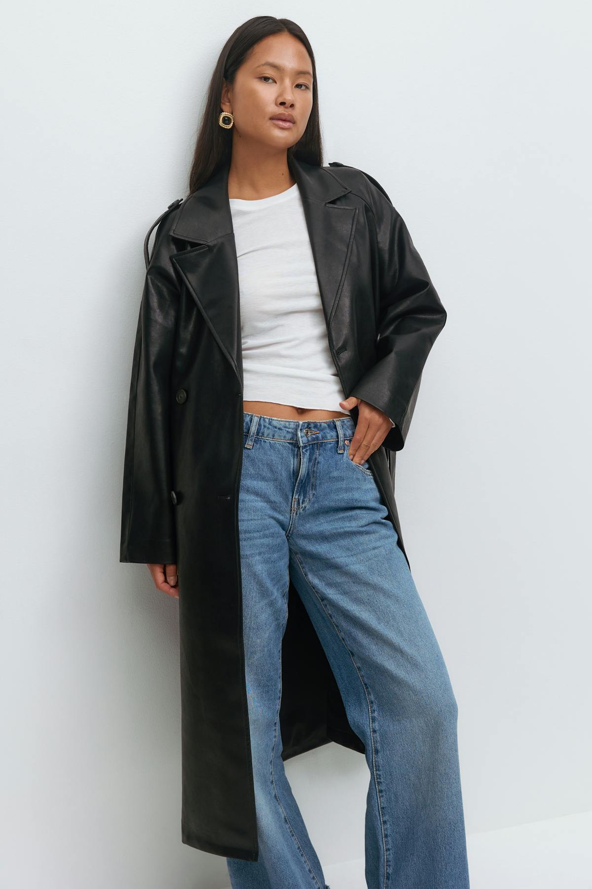 Belted pu trench coat