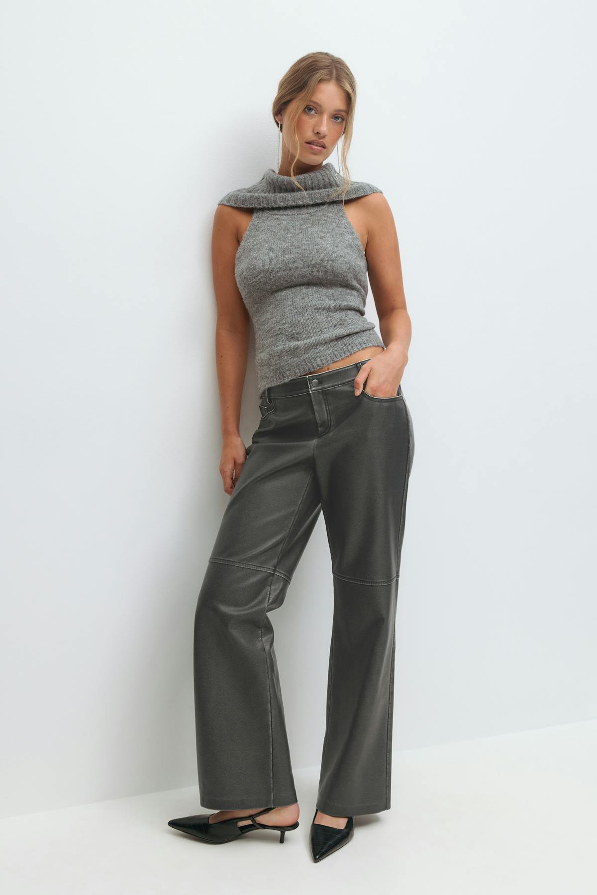 Distressed pu trousers