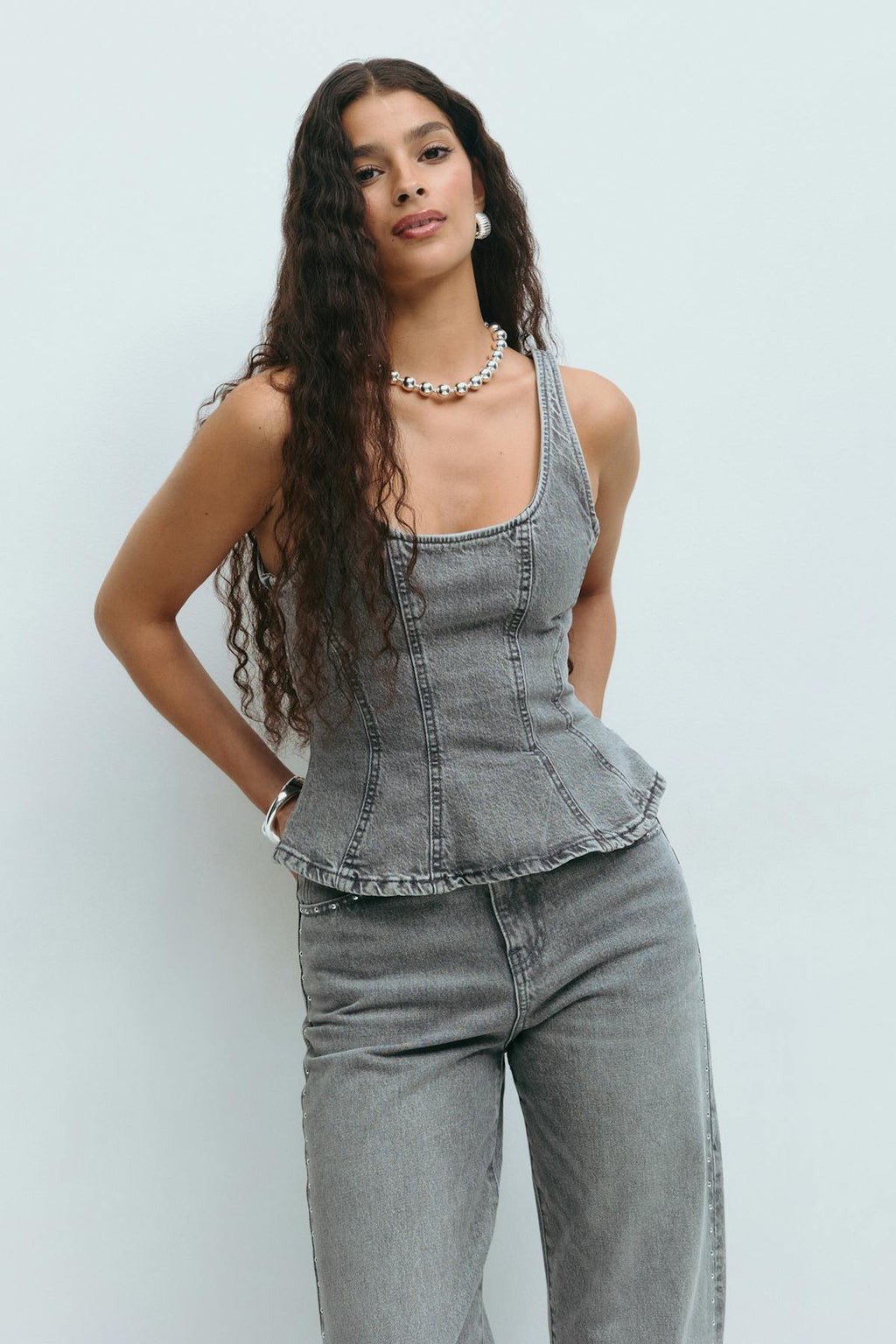 Lacing peplum denim top