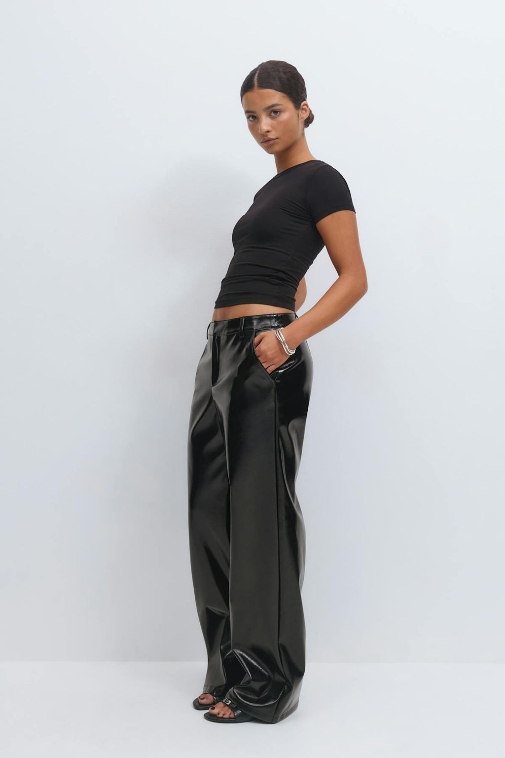 Patent pu straight trousers