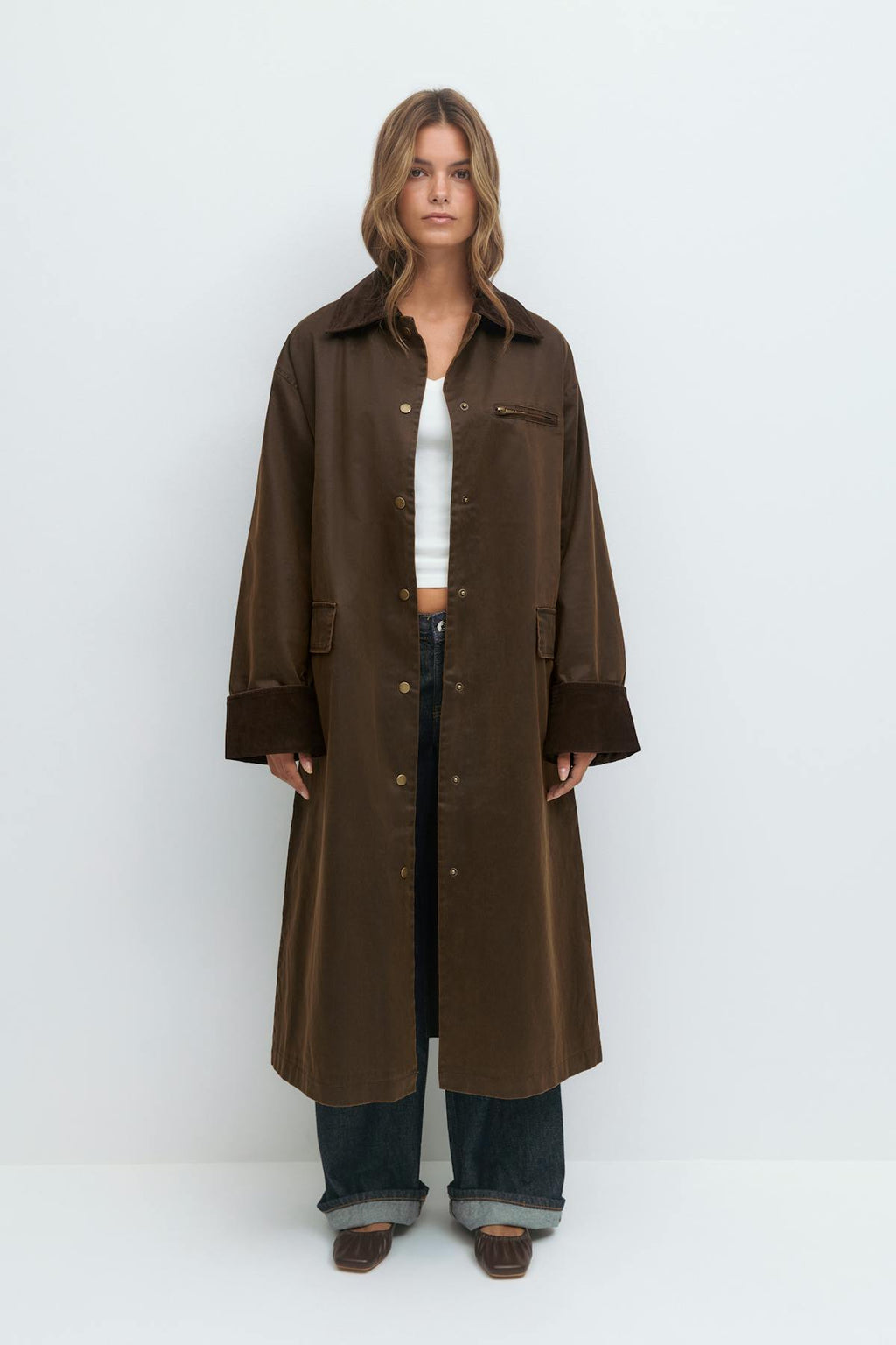 Waxed effect long jacket