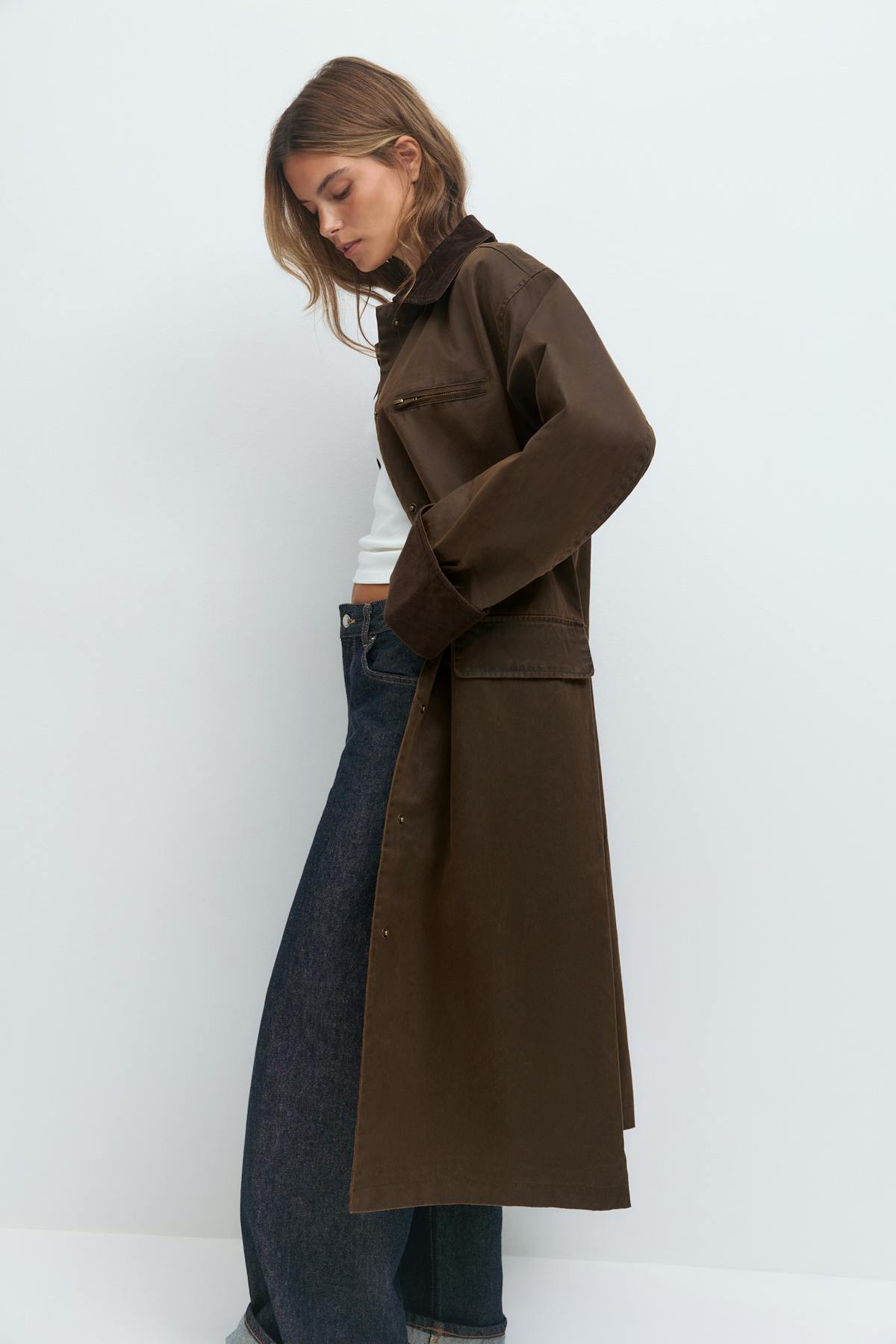 Waxed effect long jacket