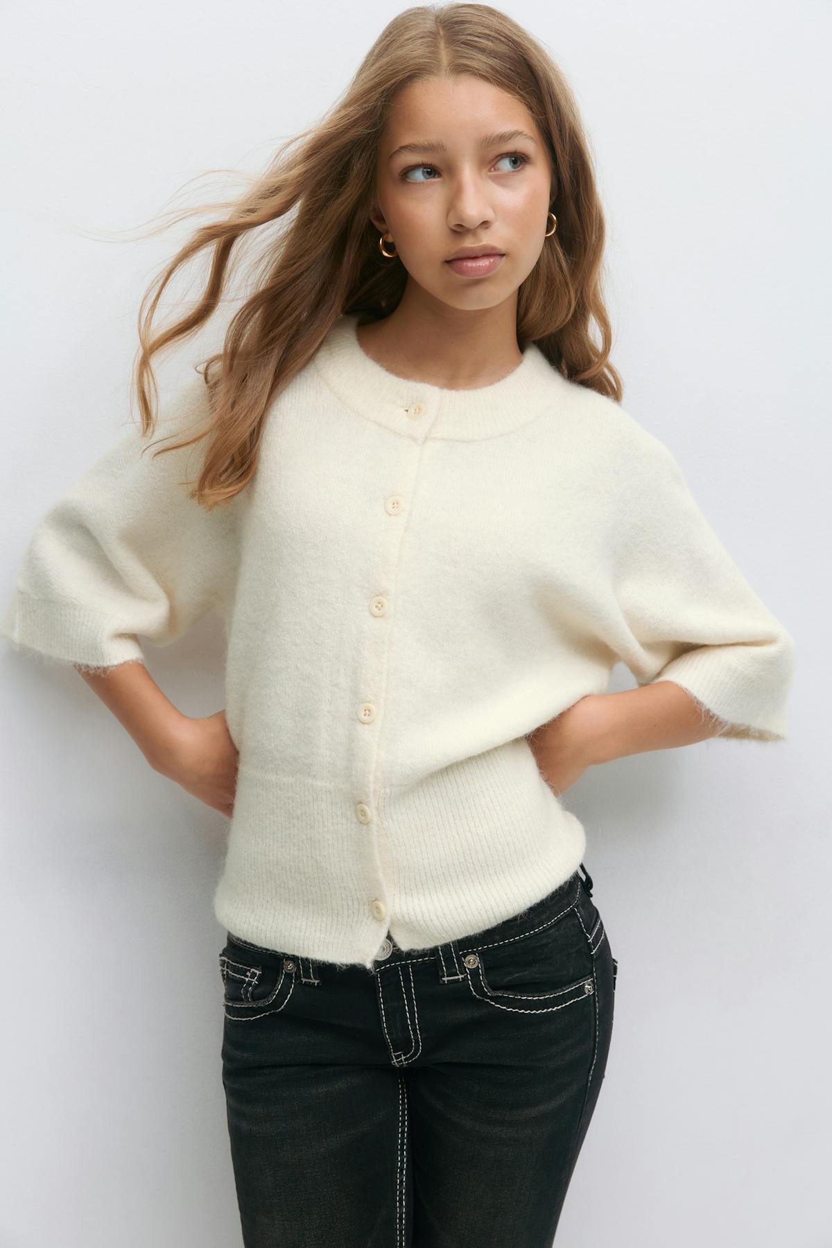 Y knitted short sleeve top