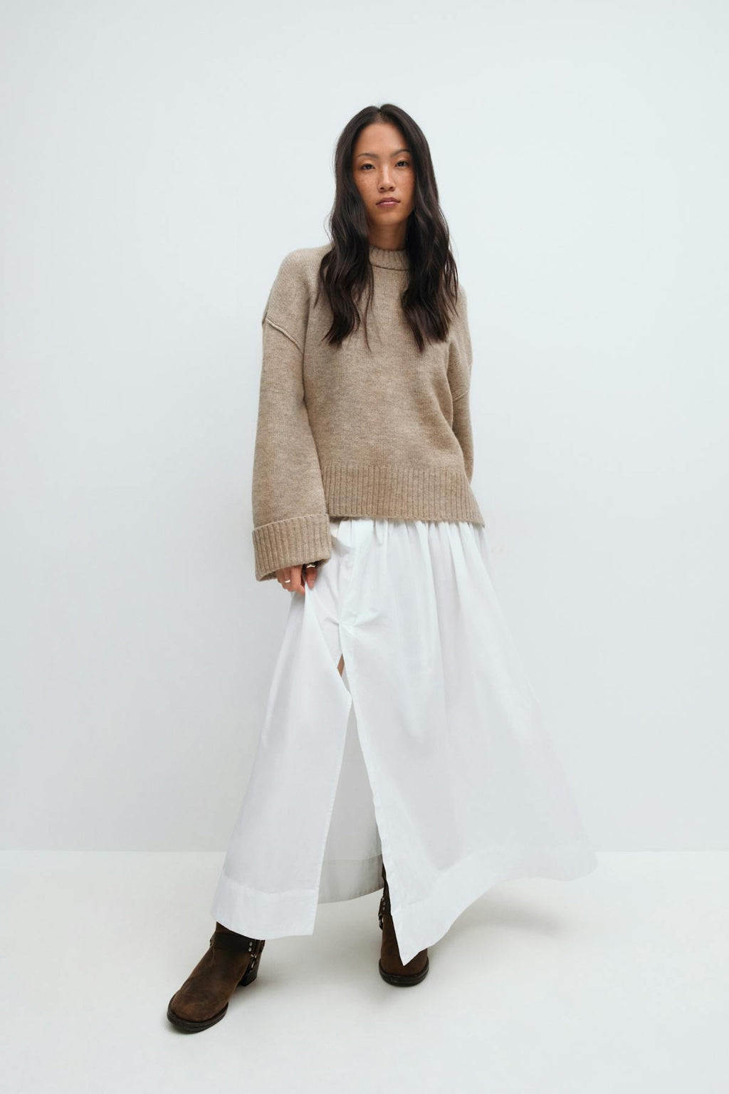 Folded sleeve knitted sweater