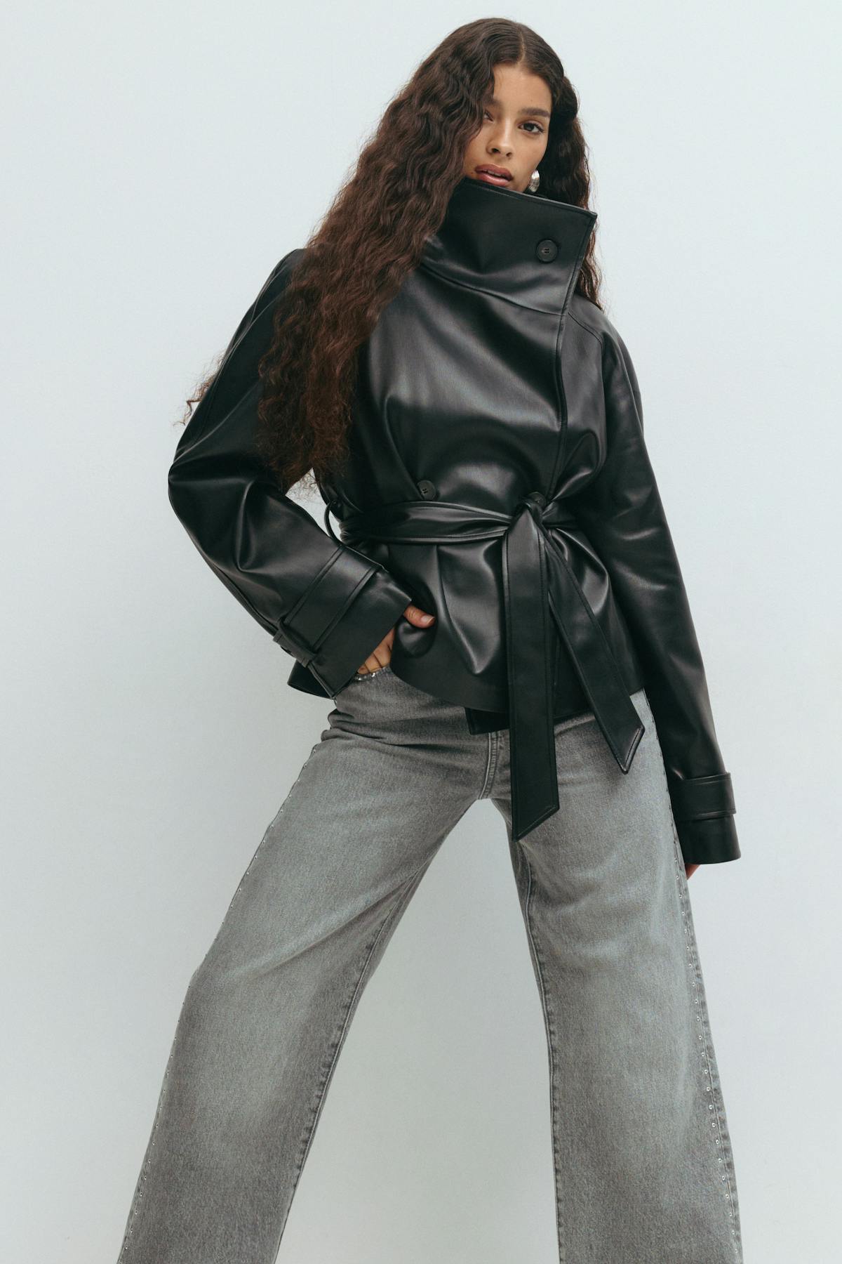 Short belted pu jacket