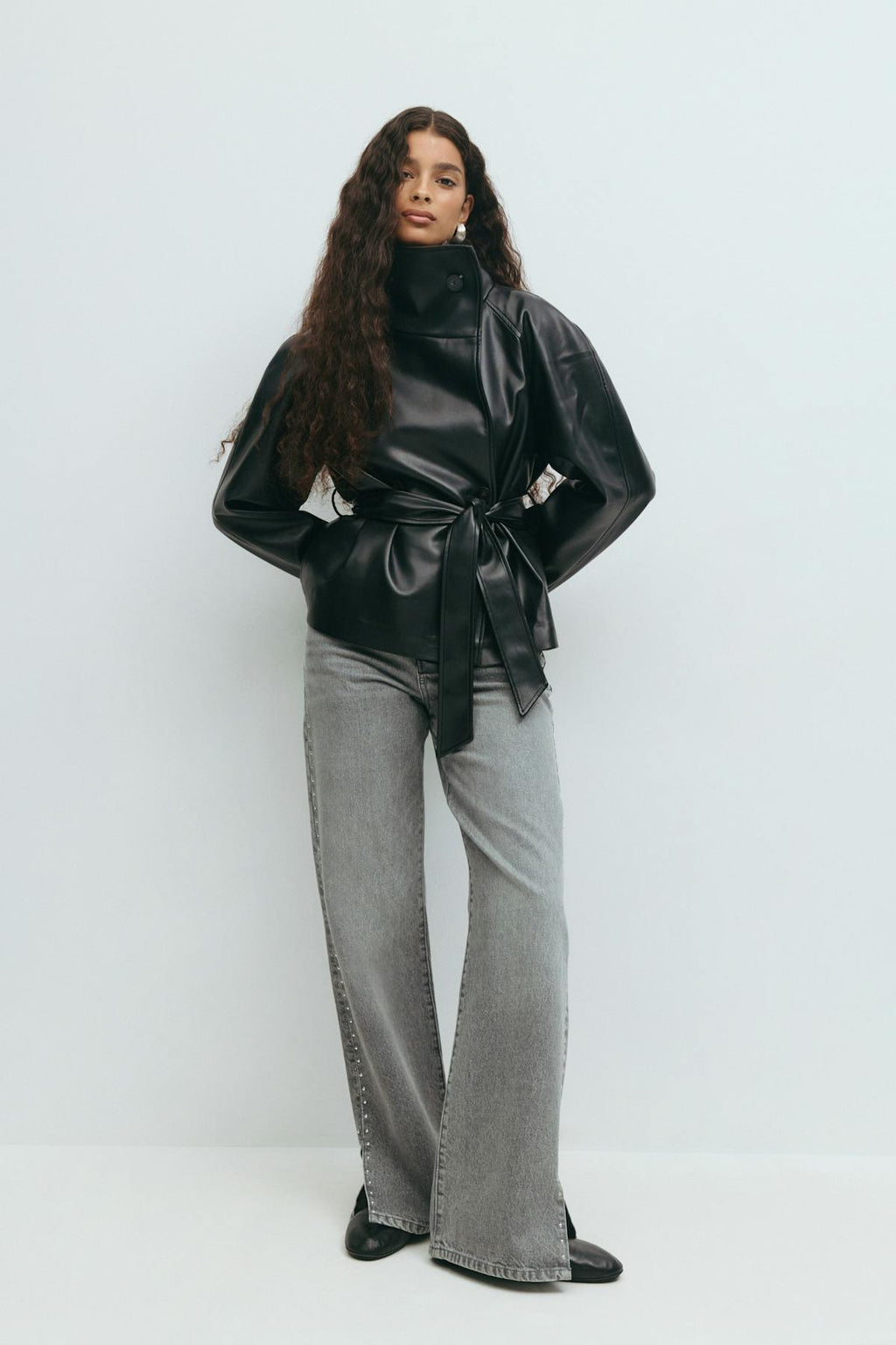 Short belted pu jacket