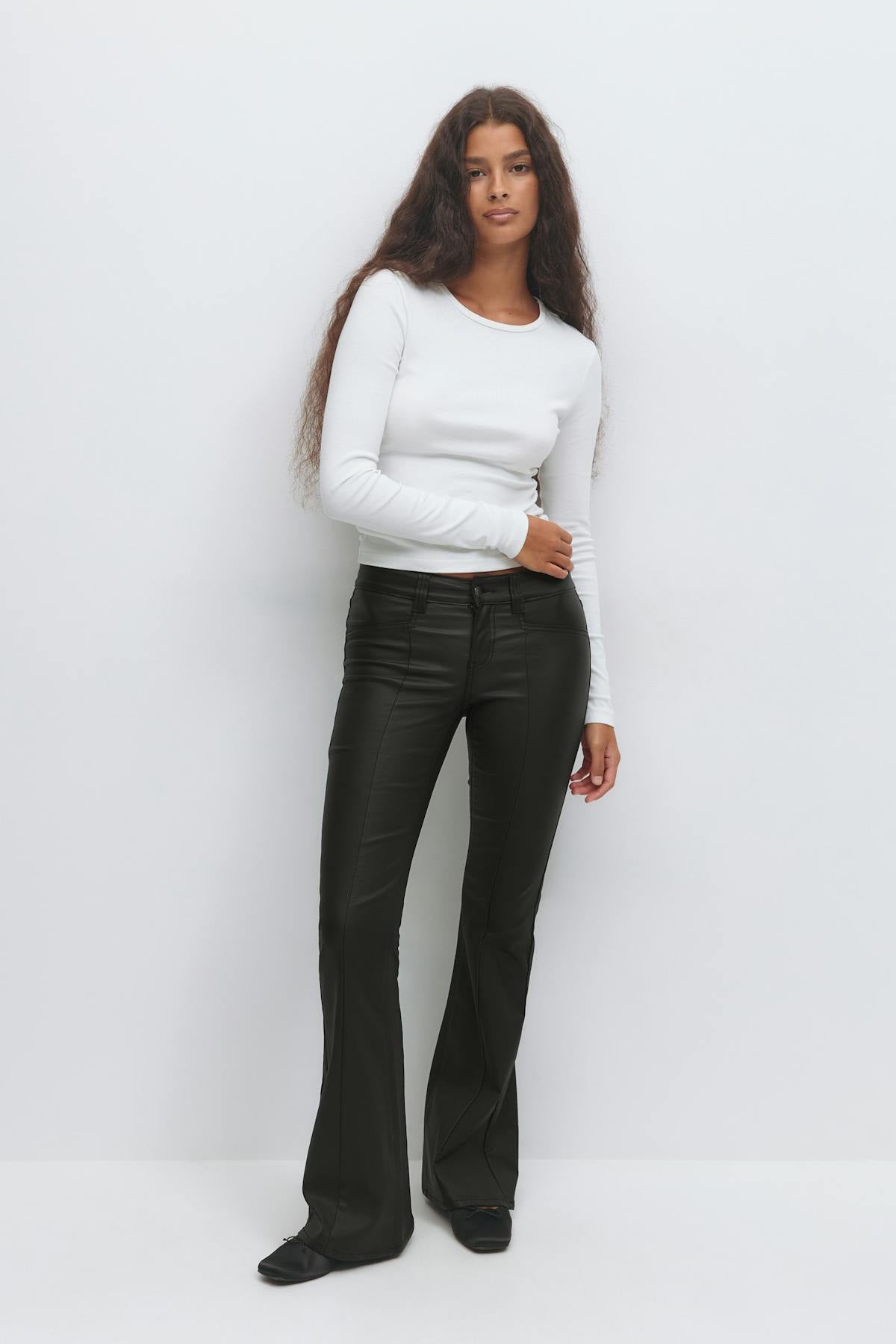 Coated pu flare jeans