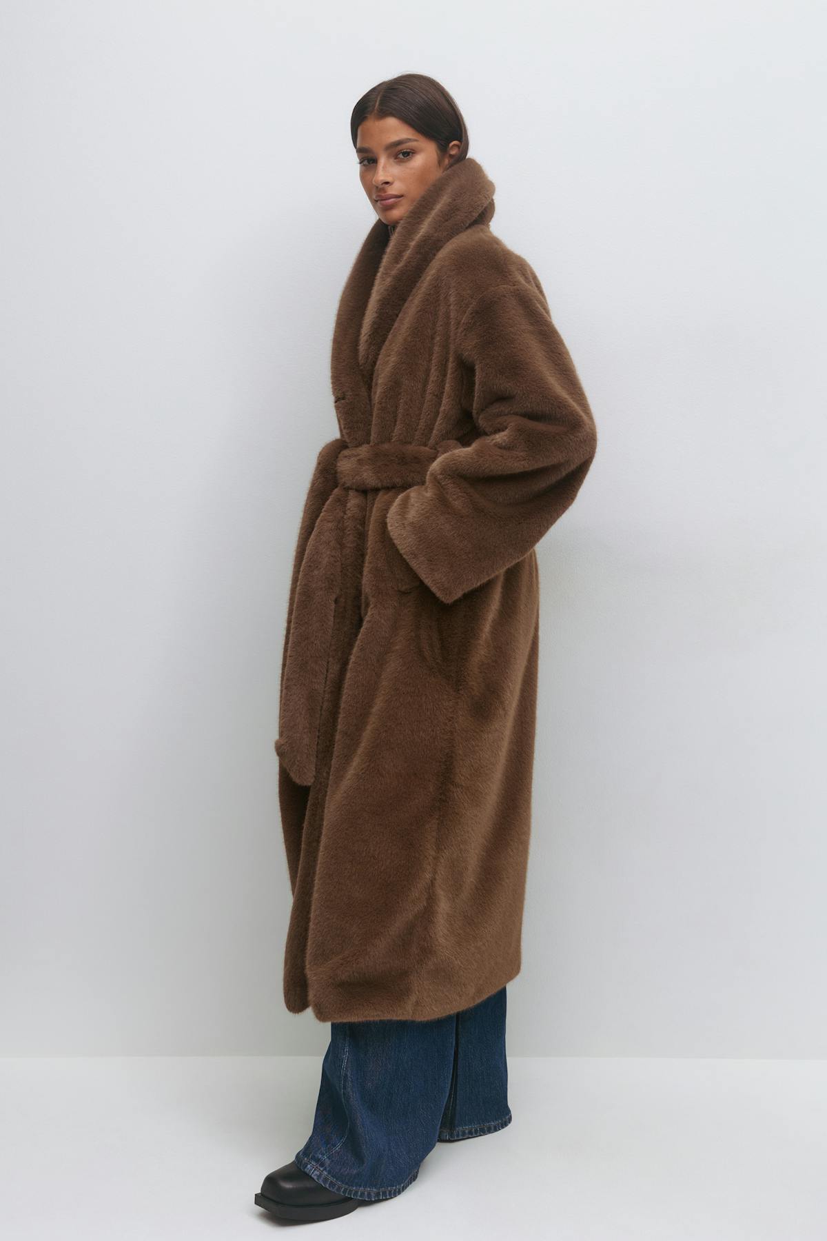 Faux fur belted long coat