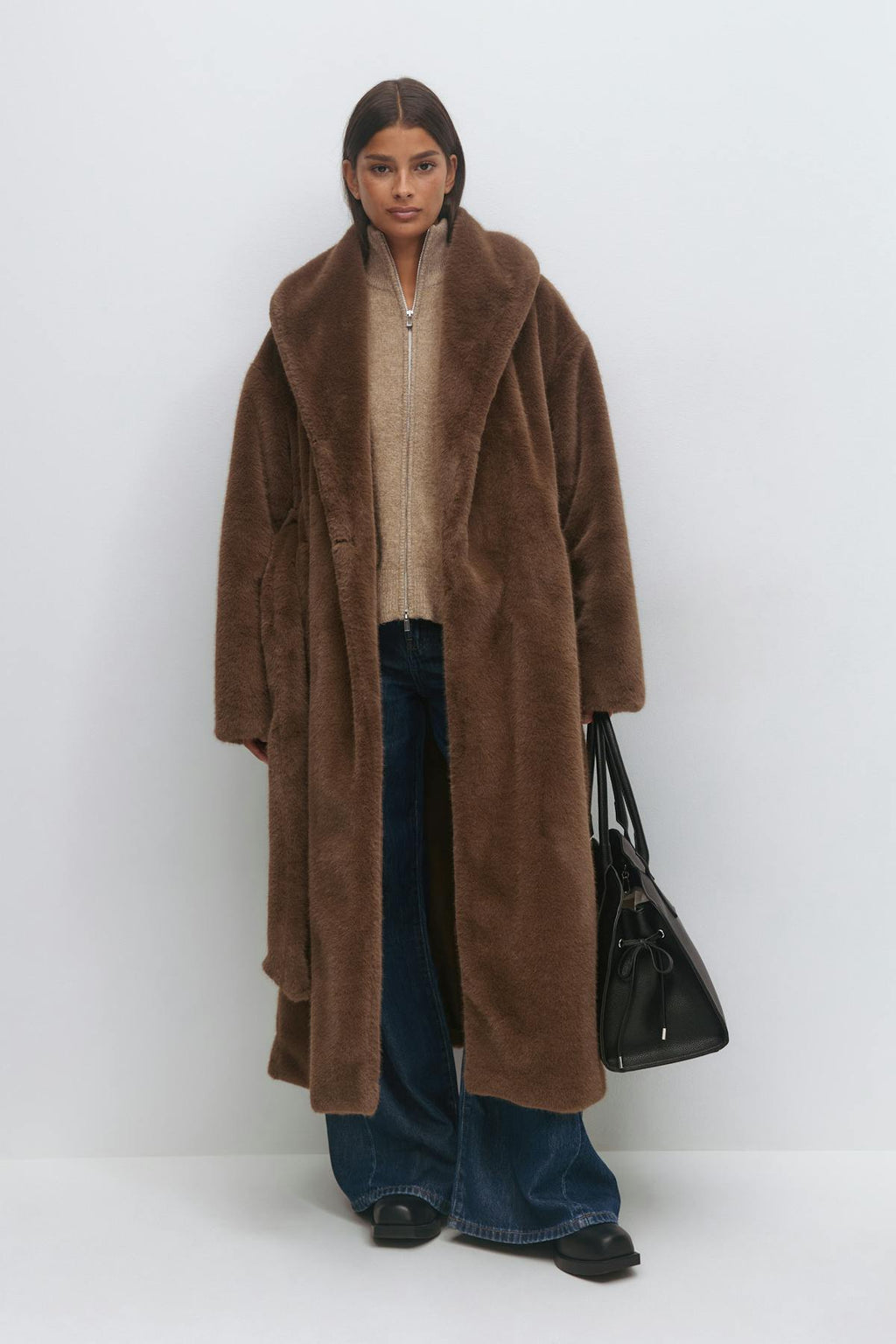 Faux fur belted long coat