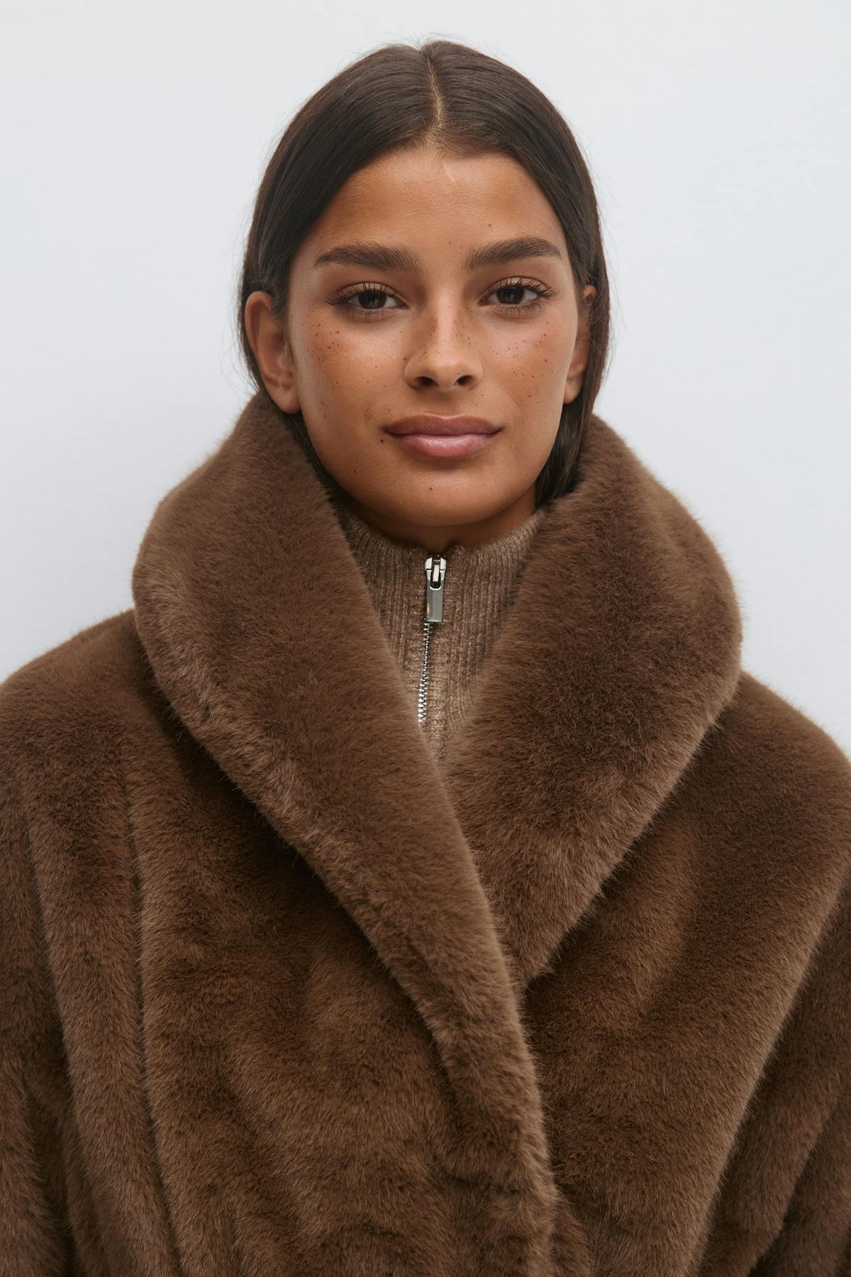 Faux fur belted long coat