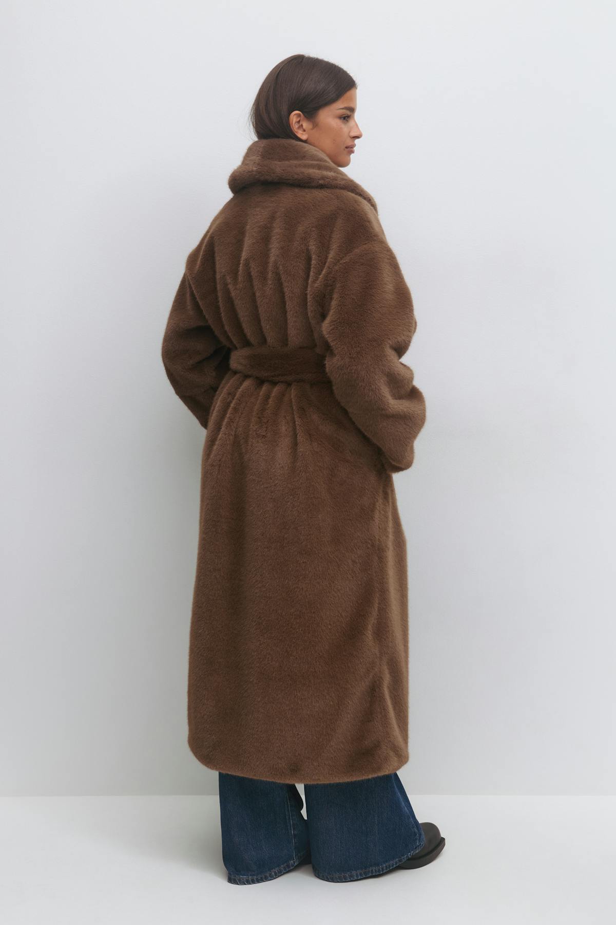 Faux fur belted long coat